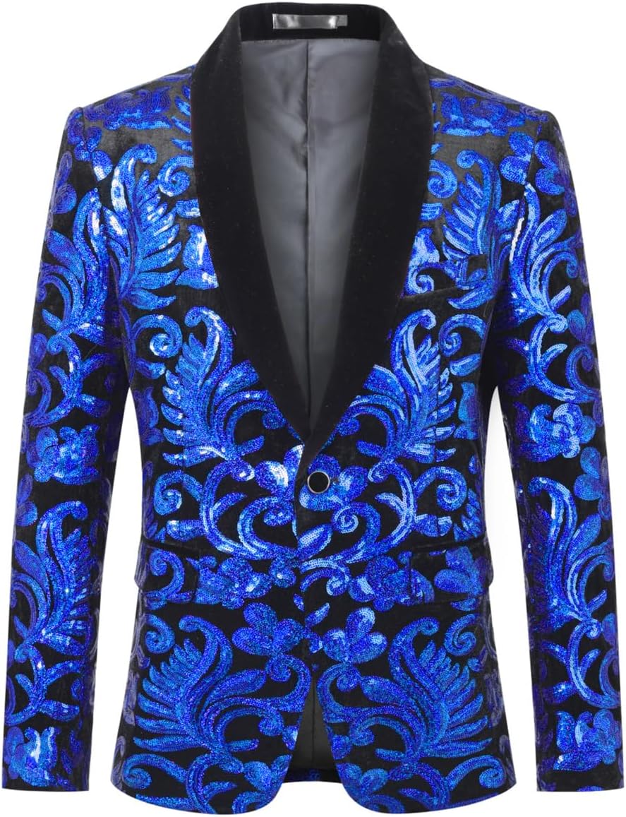 Iynnijoy Mens Velvet Sequins Blazer Shiny Sequin Tuxedo Suit Blazer Jacket for Party Wedding Banquet Prom