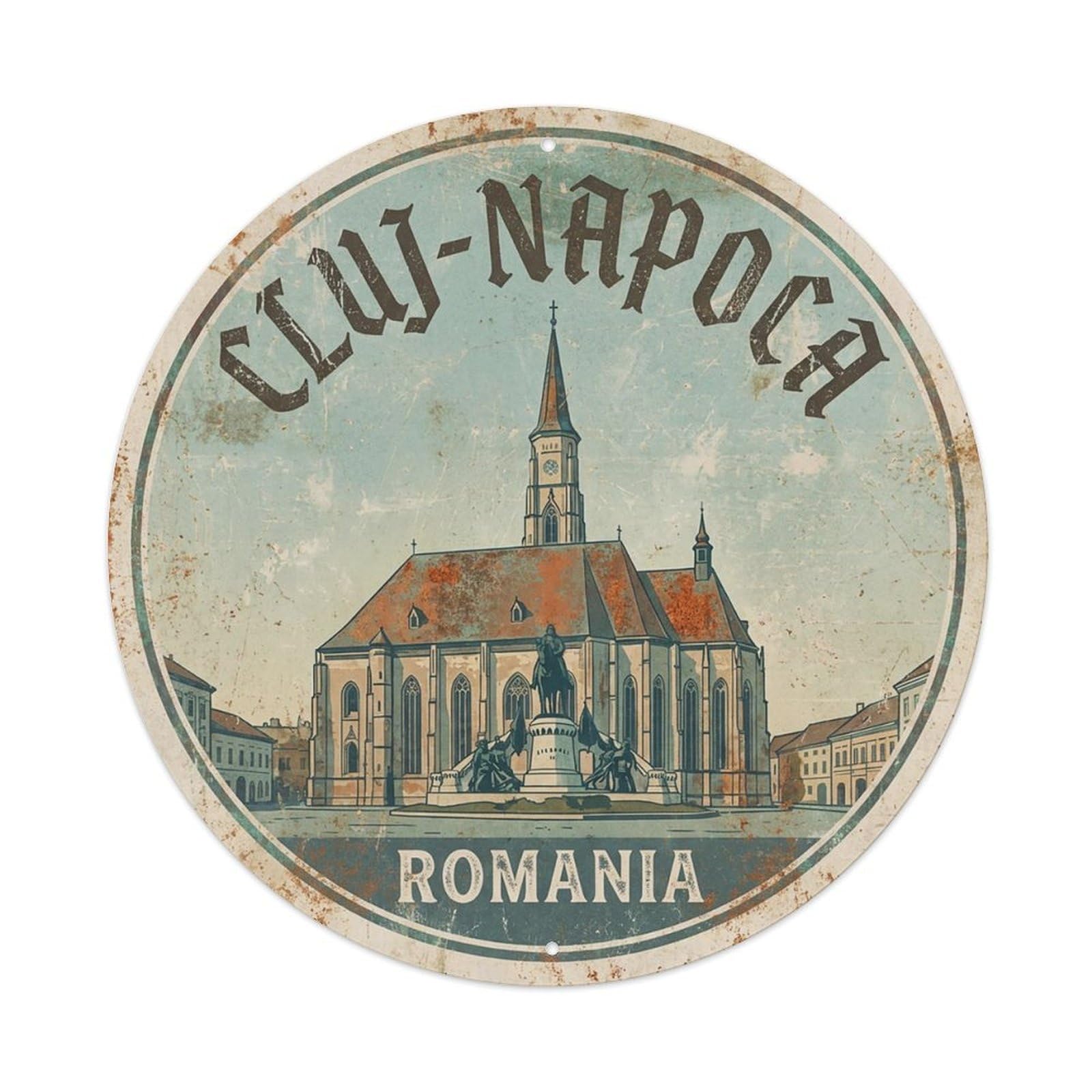 Yrnq 8X8inch Vintage Style Romania Retro Travel Cluj-Napoca Metal Tin Sign