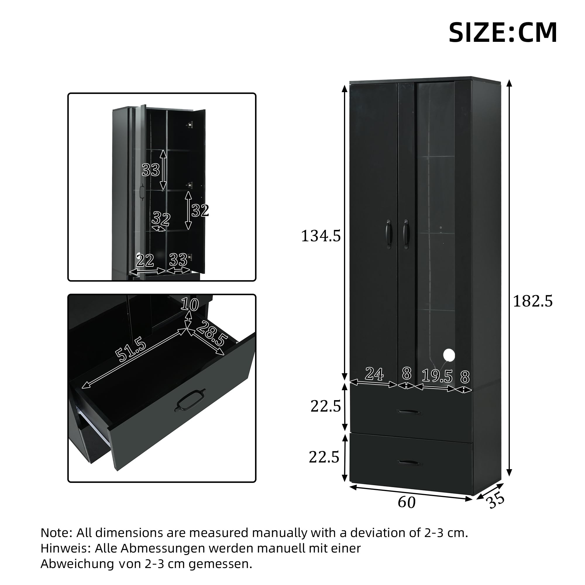 Vitrina de pie con 2 puertas y 2 cajones, vitrina de cristal con iluminación LED, armario multifunción para armario de salón y comedor (negro, 60 x 35 x 182,5 cm)