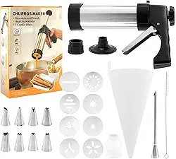 Máquina Churro Maker, Kits de Churro de Aço Inoxidável Incluindo 8 Discos Bicos, 8 Pontas de Tubulação Churro, Escova de Limpeza, Saco de Confeitar para Churros Caseiros de Forma Diferente, Biscoito