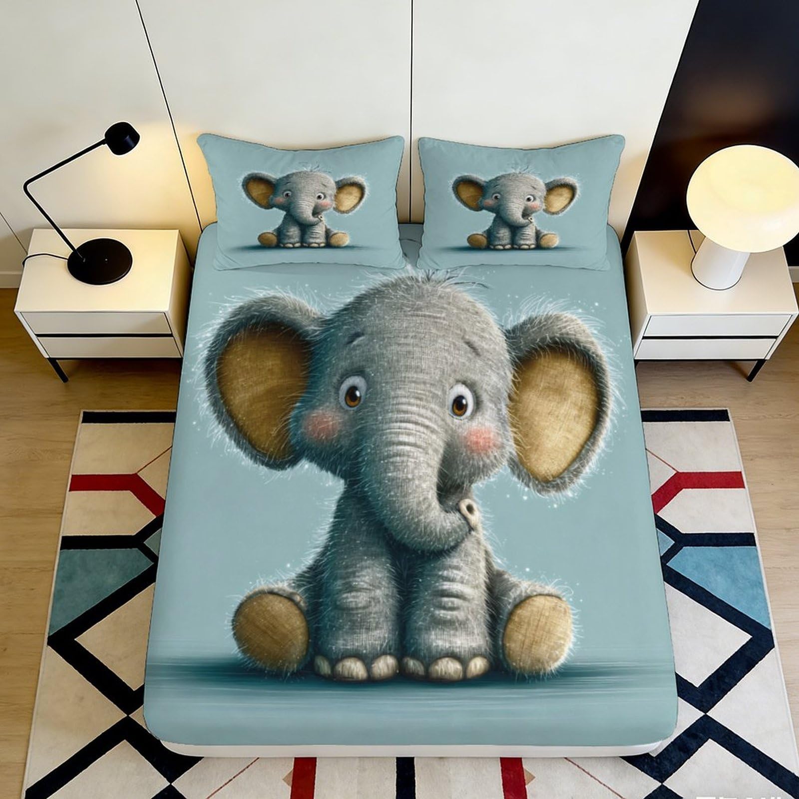3D Printed Cute Elephant Fitted Sheet Microfiber Soft Anti-Slip Mattress Cover for Bedroom Dorm Room Decor Easy Care 180x200x25cm