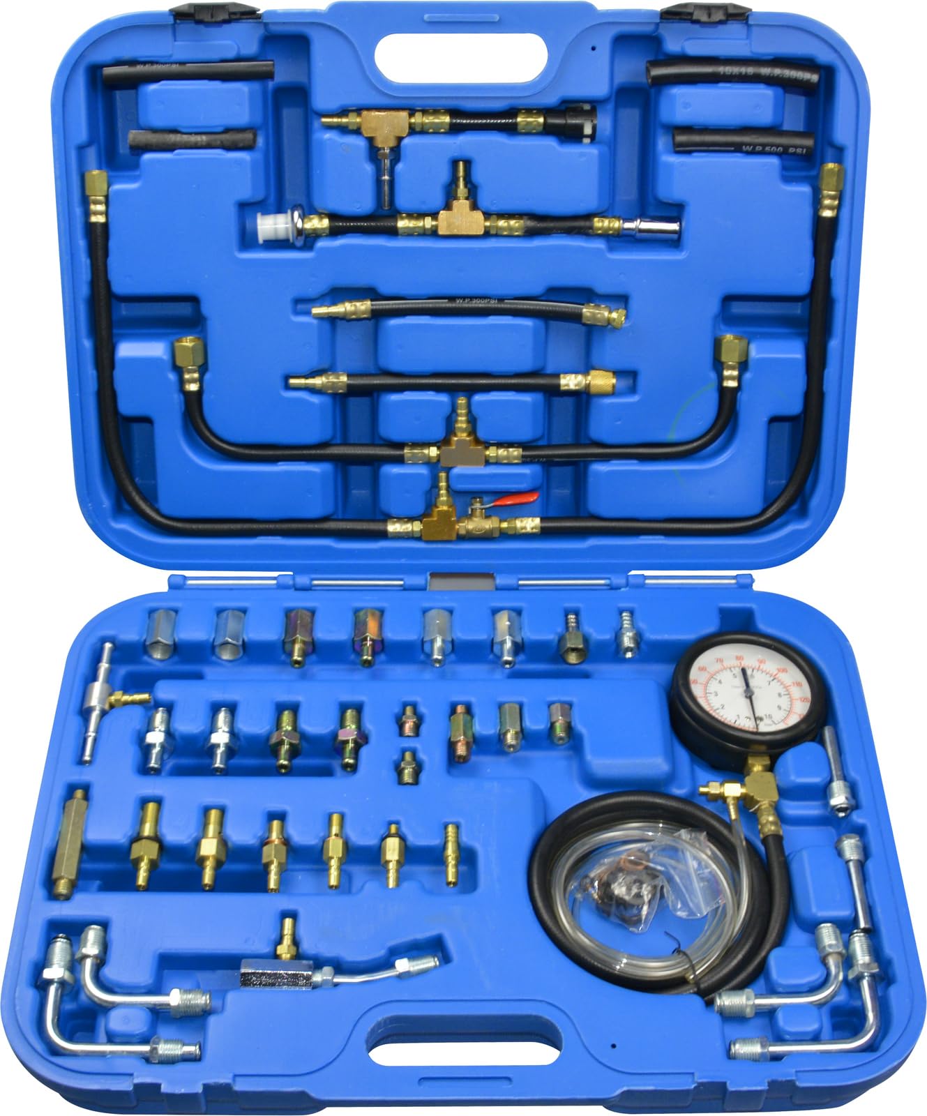 BRILLIANT TOOLS BT581400 Benzindruck-Prüfer-Satz, 0 - 8 bar, 44-tlg [Powered by KS TOOLS] Mit Stabilem Blauen Transportkoffer