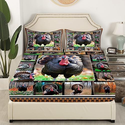 Miniatura 3 de Juego de sábanas bajeras de tamaño matrimonial con diseño de faisán y vida silvestre, juego de ropa de cama de caza pavo, sábana bajera ajustable
