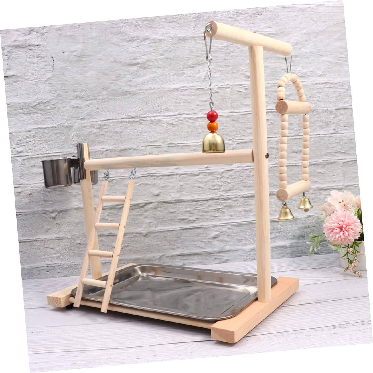 Hemobllo Vogelspielzeug Papageienspielplatz mit Holz und Edelstahl Schaukel und Leiter für Käfig und Garten Wellensittiche Zubehör Käfig Zufällige Farbe