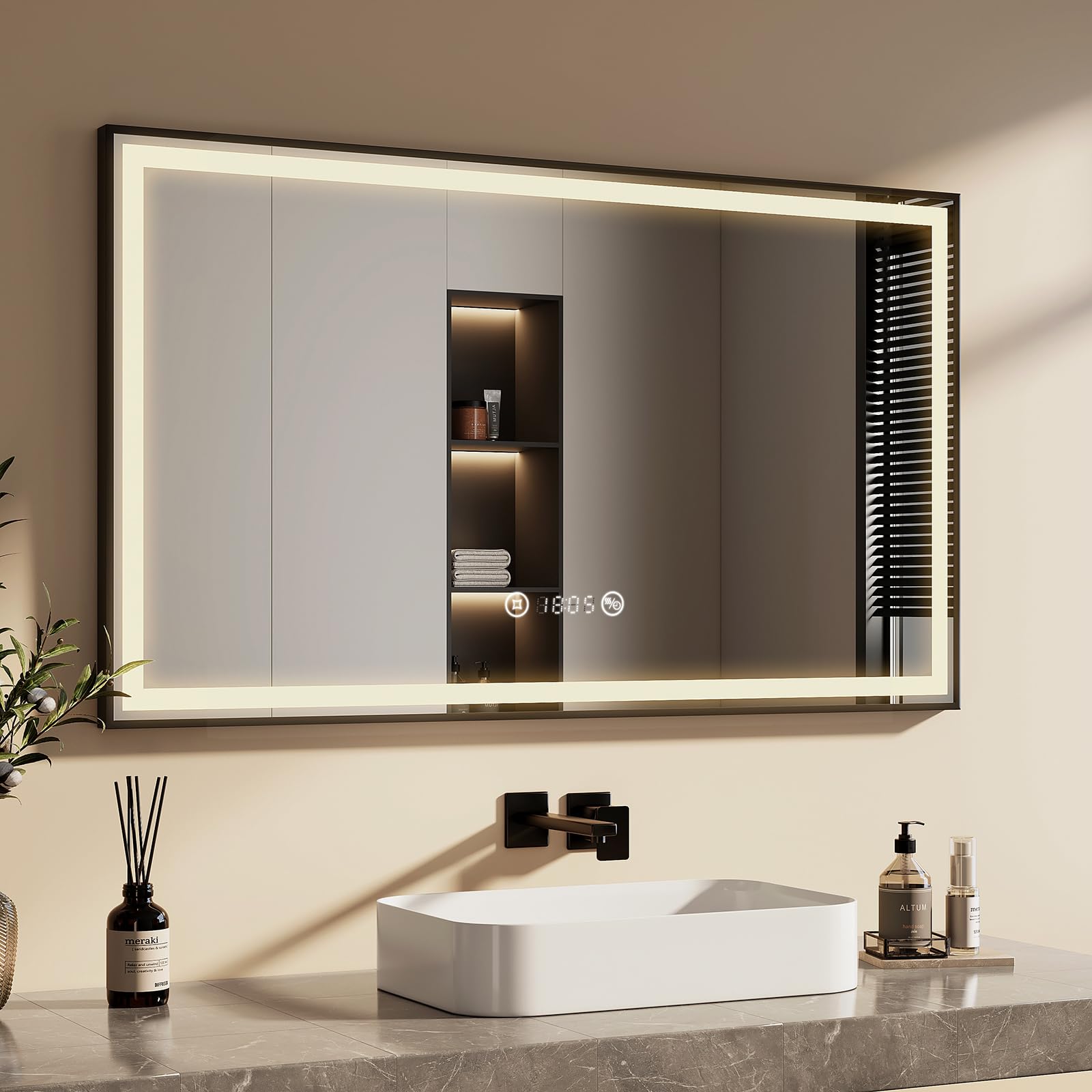 EMKE Espejo Baño con Luz Led 120x70 cm, Función Antivaho y Ajuste de Brillo, Espejo de baño LED con Reloj, Interruptor Táctil, Función Memoria, 4300K, Marco Negro LED Espejo