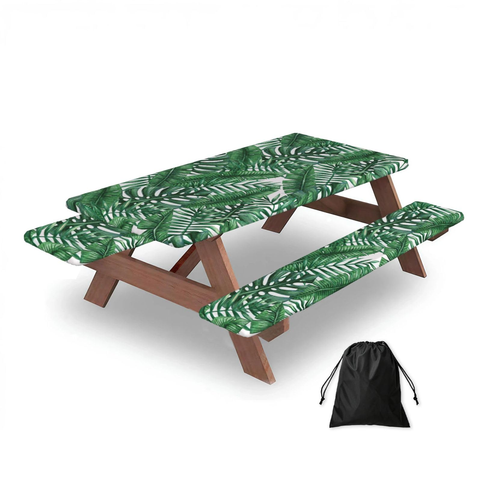 Dopklna As Picture Green Leaves Printed, Picnic Table Cover With Bench Covers -Waterproof Elastic Fitted Tablecloth For Garden Camping Patio 76X152cm