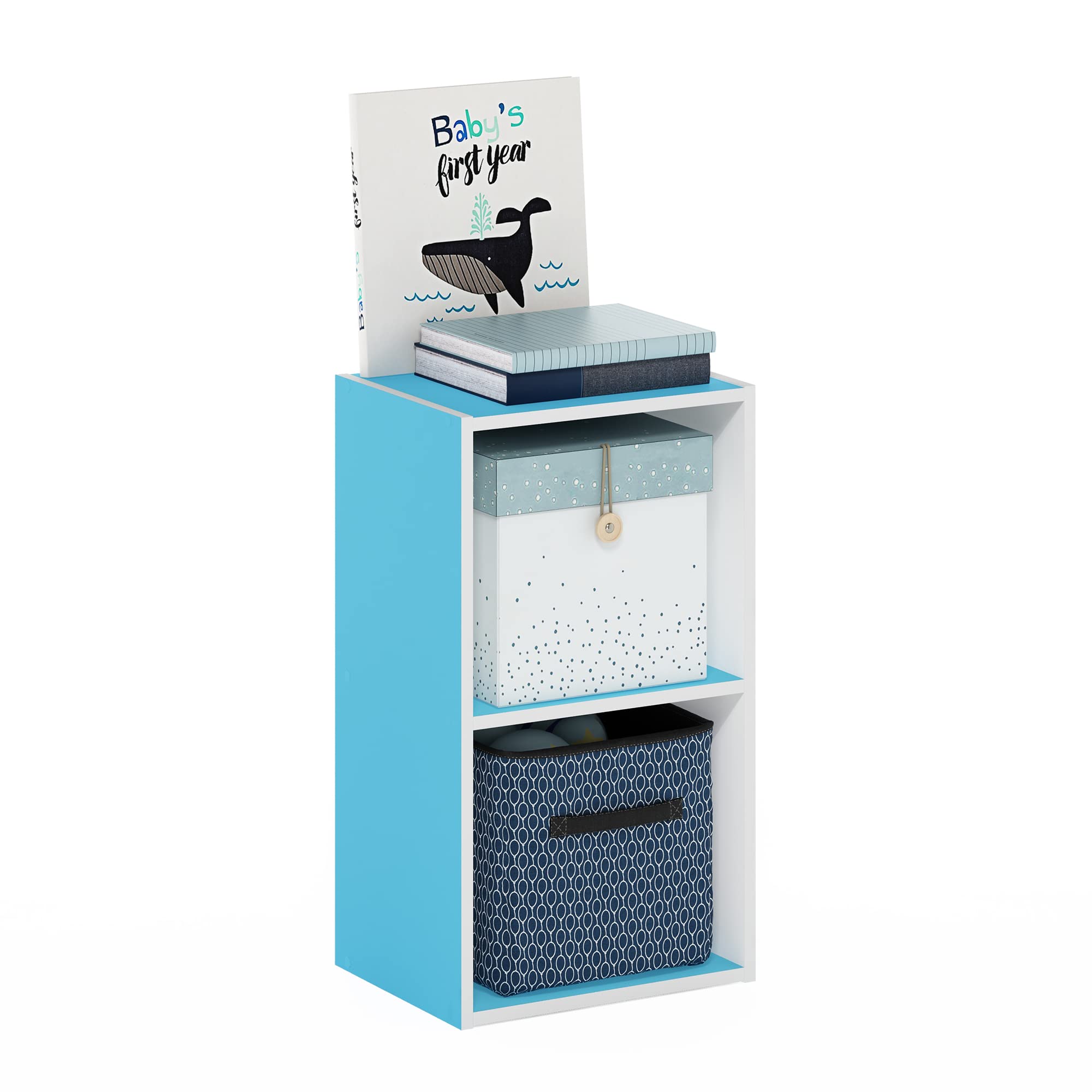 Furinno PASIR Book Shelf, 2-Tier Modern Bookshelf, Open Shelves Bookcase 9 x 12 x 21, for Living Room, Bedroom, Home Office, Light Blue/White