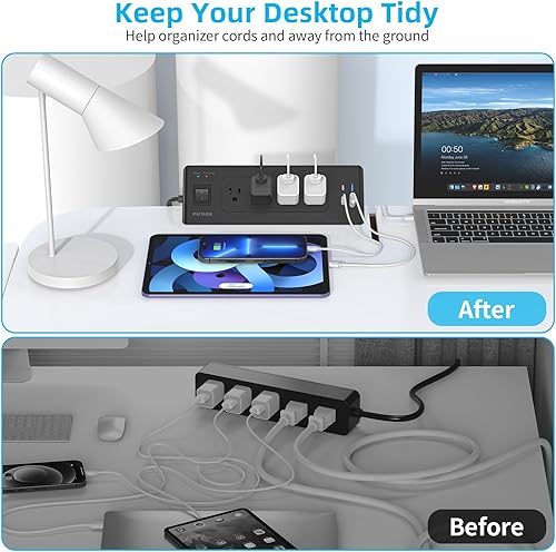 Miniatura 6 de Regleta de alimentación con abrazadera de escritorio con USB C, estación de carga de escritorio con 4 tomas, 4 puertos USB, protector de
