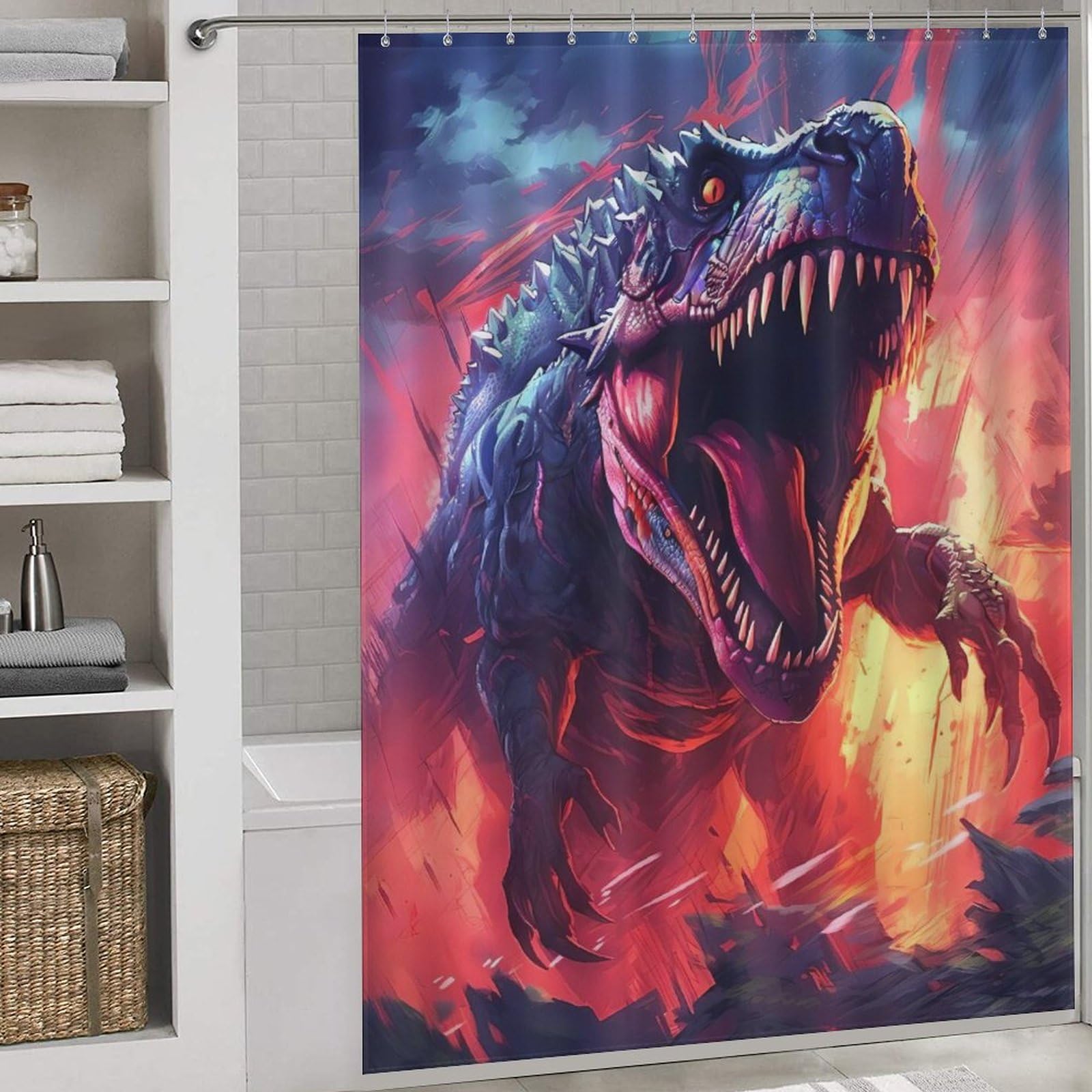 Rideau de douche dinosaure anti-éclaboussures et lavable pour baignoire 168x183cm