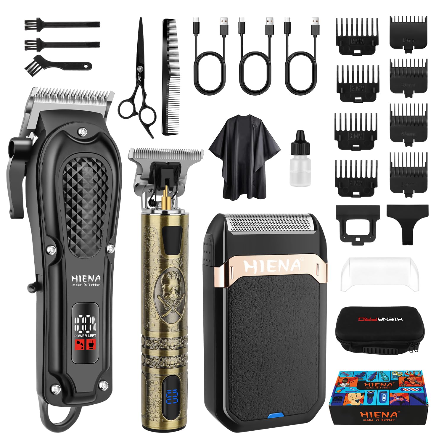 HIENA PRO Professional Hair Clippers Men Cordless Beard Trimmer Rechargeable Foil Shaver for Men Hair Cutting Kit for Barber Set including LED Display