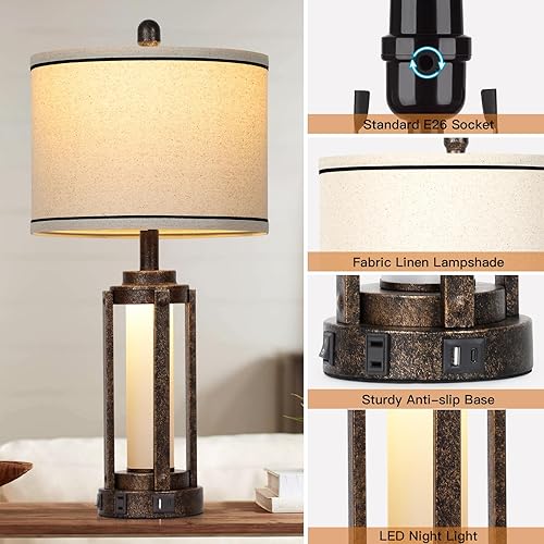 Miniatura 4 de 26" Farmhouse Table Lamps Set of 2, Vintage Rustic Industrial Beside Lamps with USB A+C Charging Ports & AC Outlet, Nightstand Lamp with Glass Night