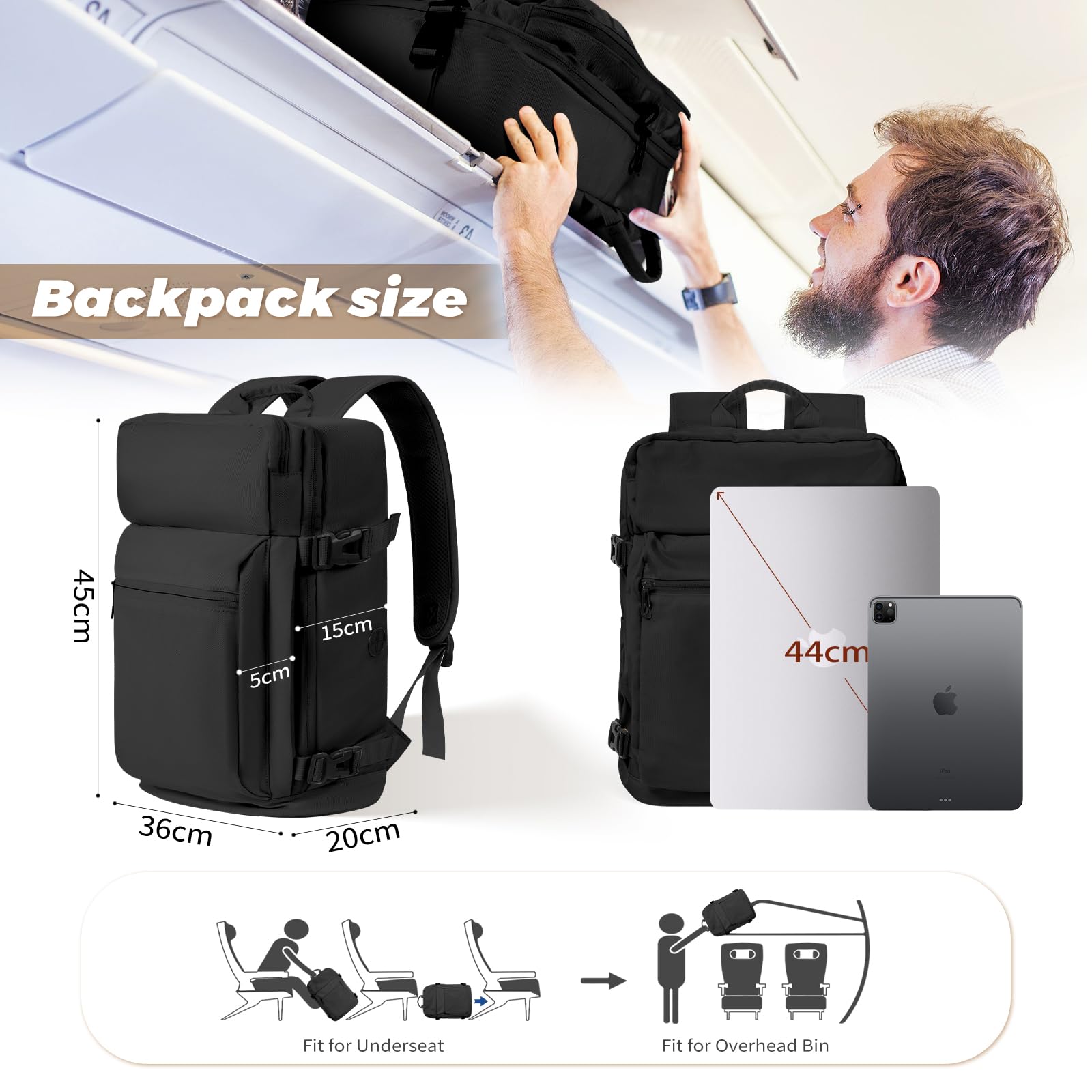 Gluckstar Zaino per Easyjet 45x36x20 Zaino da Viaggio Bagaglio a Mano,30L Borsa da Valigia Zaino da Viaggio Aereo Cabina, 17 Pollici Zaino Porta Pc Zainetto Donna Uomo Travel Backpack Grande Nero