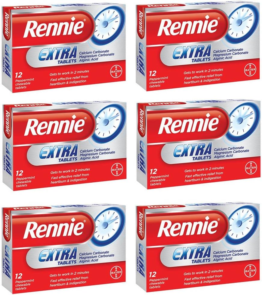 6 x Rennie Extra Tablets 12 Peppermint Chewable Tablets