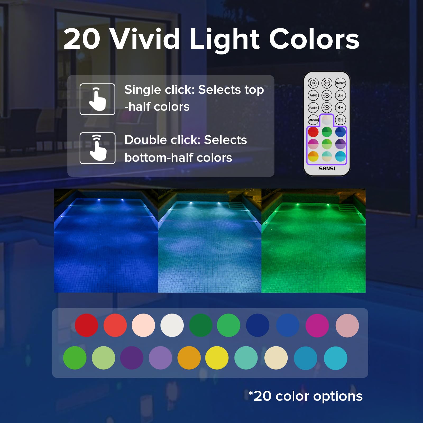 SANSI Luce Subacquea con Telecomando, Luci LED per Piscina con 20 Colori RGB, IP68 con Magneti e Ventose, Per Piscine, Acquario, Fontana, Idromassaggio, Decorazione per Feste, 2 Pezzi