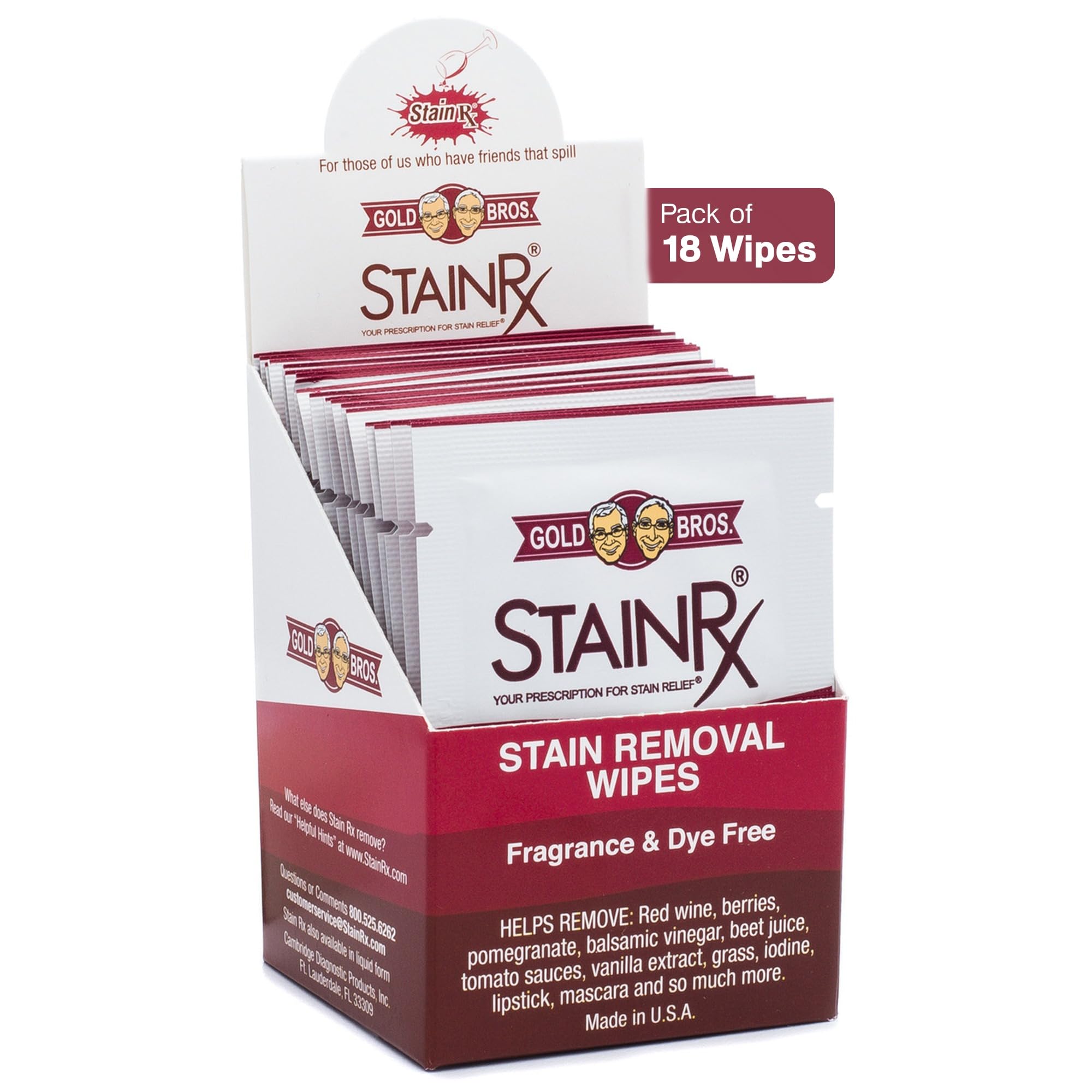 Stain Rx 18 Pack Stain Remover Wipe – Travel Wipes for Clothes, Carpet, Upholstery, & Laundry, Instant Removal of Stubborn Red Wine, Blood, Coffee -