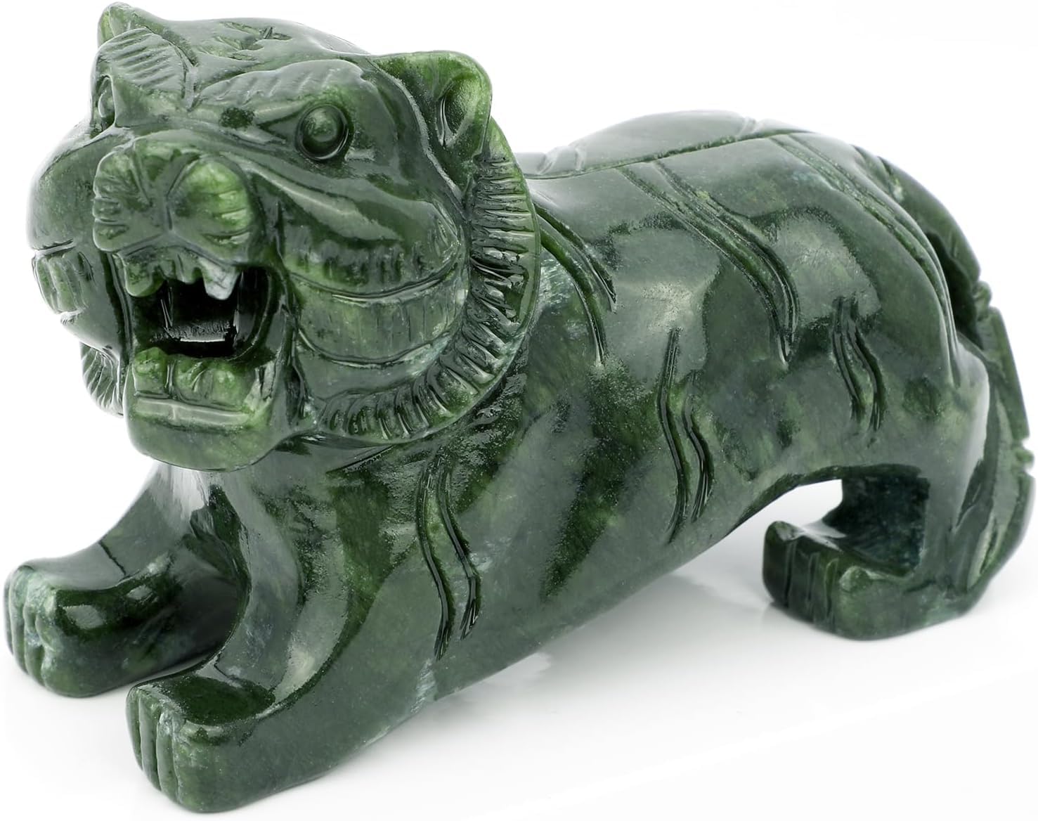 Gemshan Green Handmade Tiger Statue Collectible - Natural Jade Tiger Sculpture For Home Decor Wild Animal Figure Collection Art Carved Figurine Decorative Sculpture Tabletop Home Decor