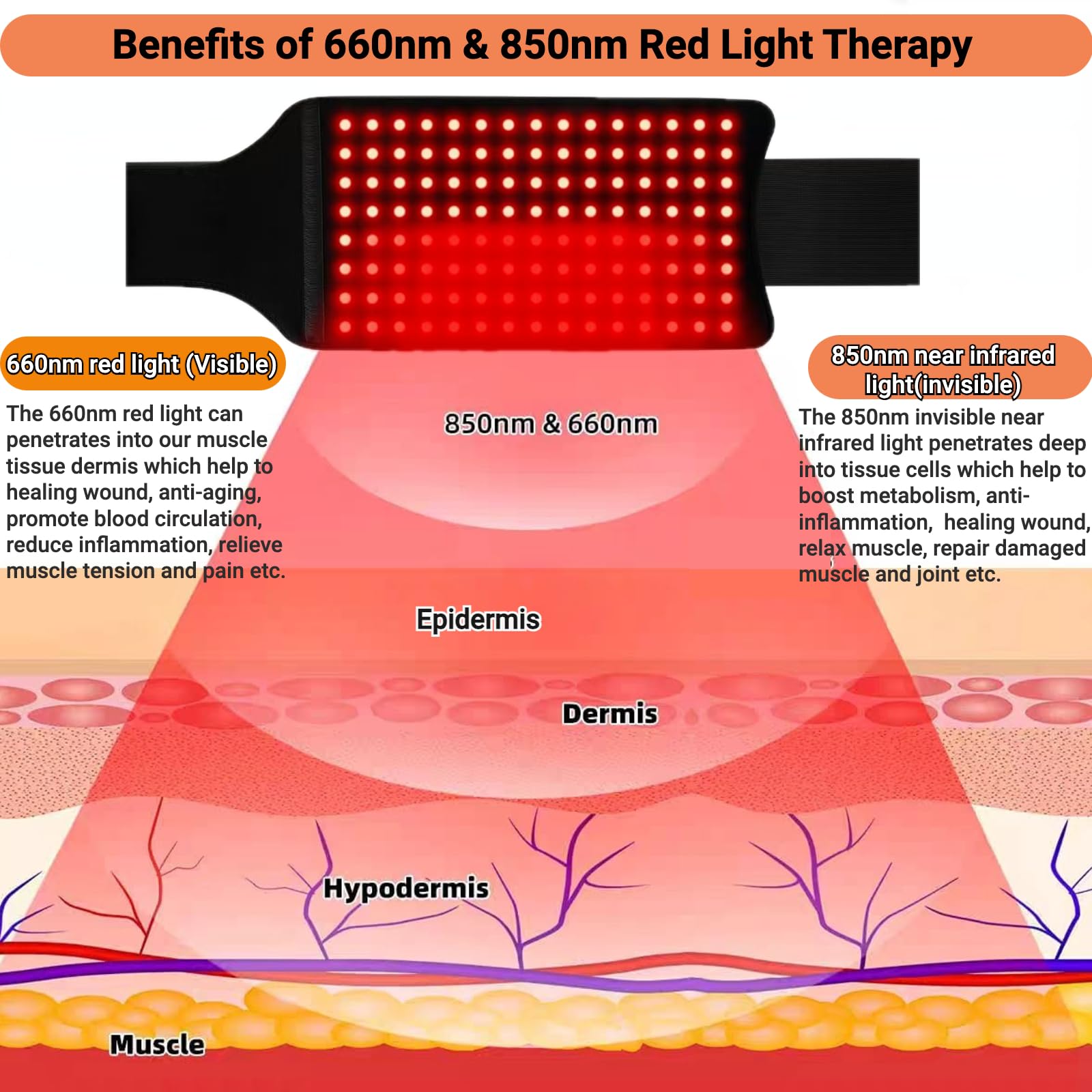 Dispositivo de terapia de luz roja,cinturón masajeador de cintura Luz infrarroja cercana de 660nm/850nm,5 niveles de brillo,temporizador inteligente Alivio del dolor de espalda,abdomen,hombros piernas