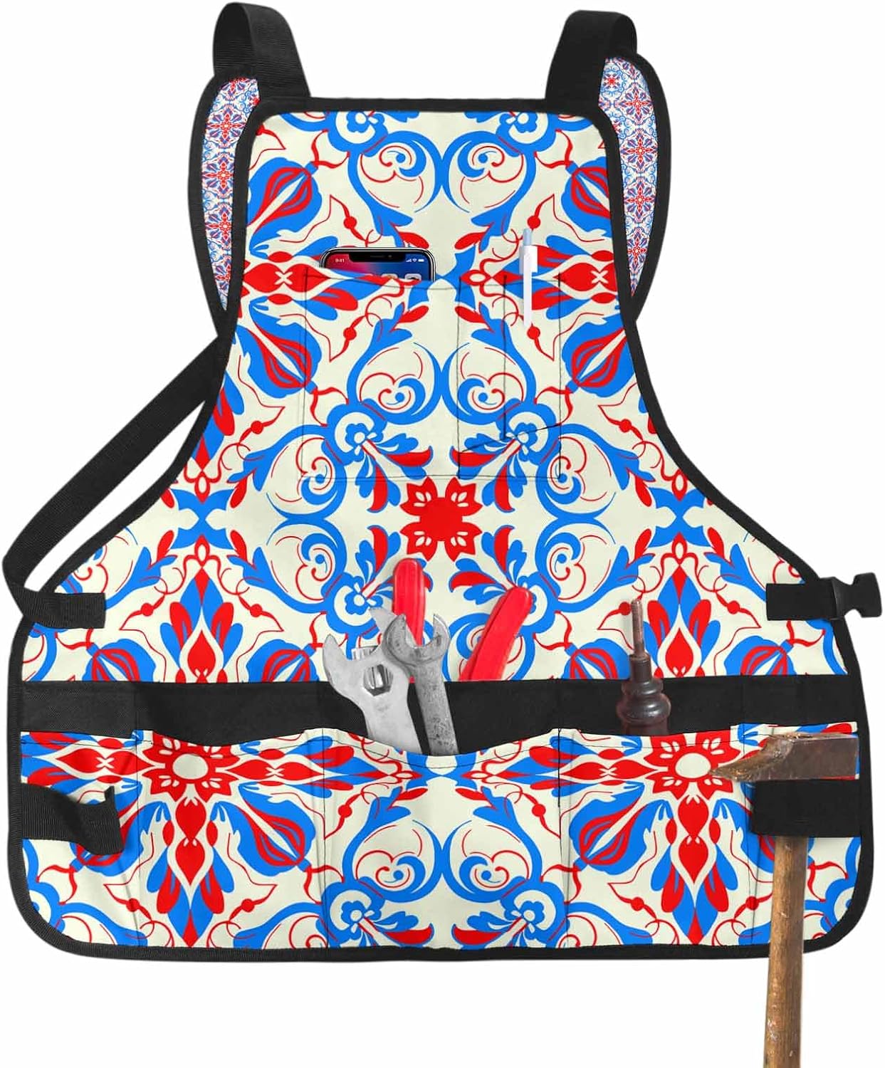 Work Apron for Men Adjustable Woodworking Apron with 16 Pockets Cross Back Oxford Apron Boho Flower Line Texture Tool Apron