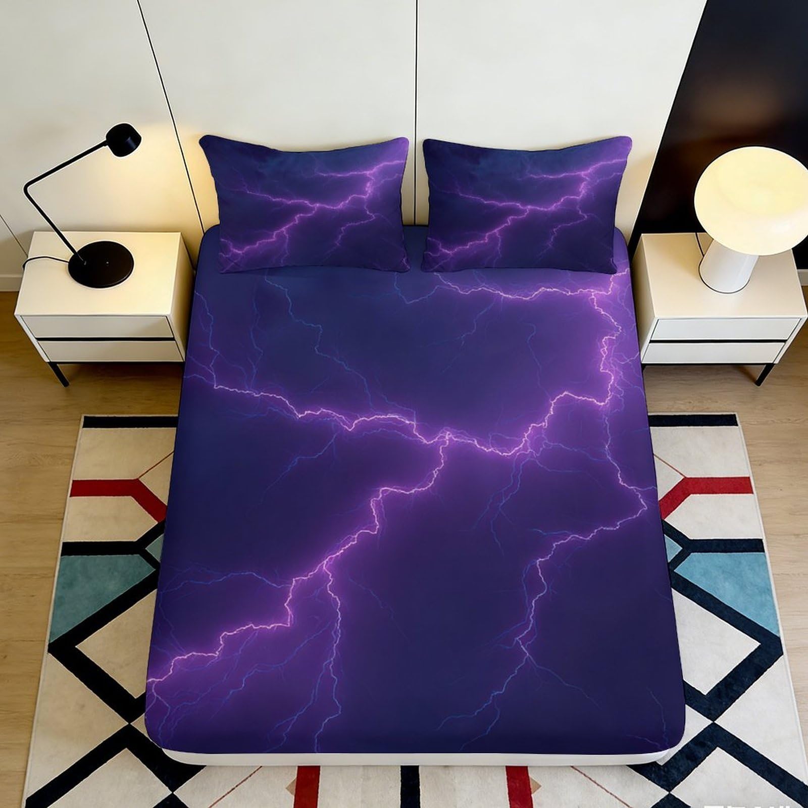 3D Printed Purple Lightning Fitted Sheet Microfiber Soft Breathable Electric Storm Mattress Cover for Bedroom Dorm Use 180x200x25cm
