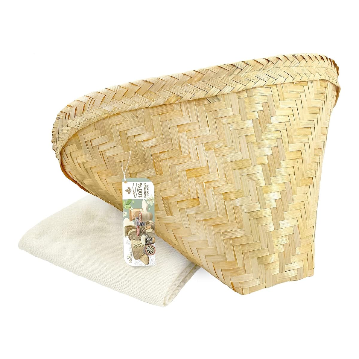 Large Sticky Rice Cooking Basket Handcrafted Traditional Thai Bamboo Wing Design with 24x24 Inch Cheesecloth Wrap Included