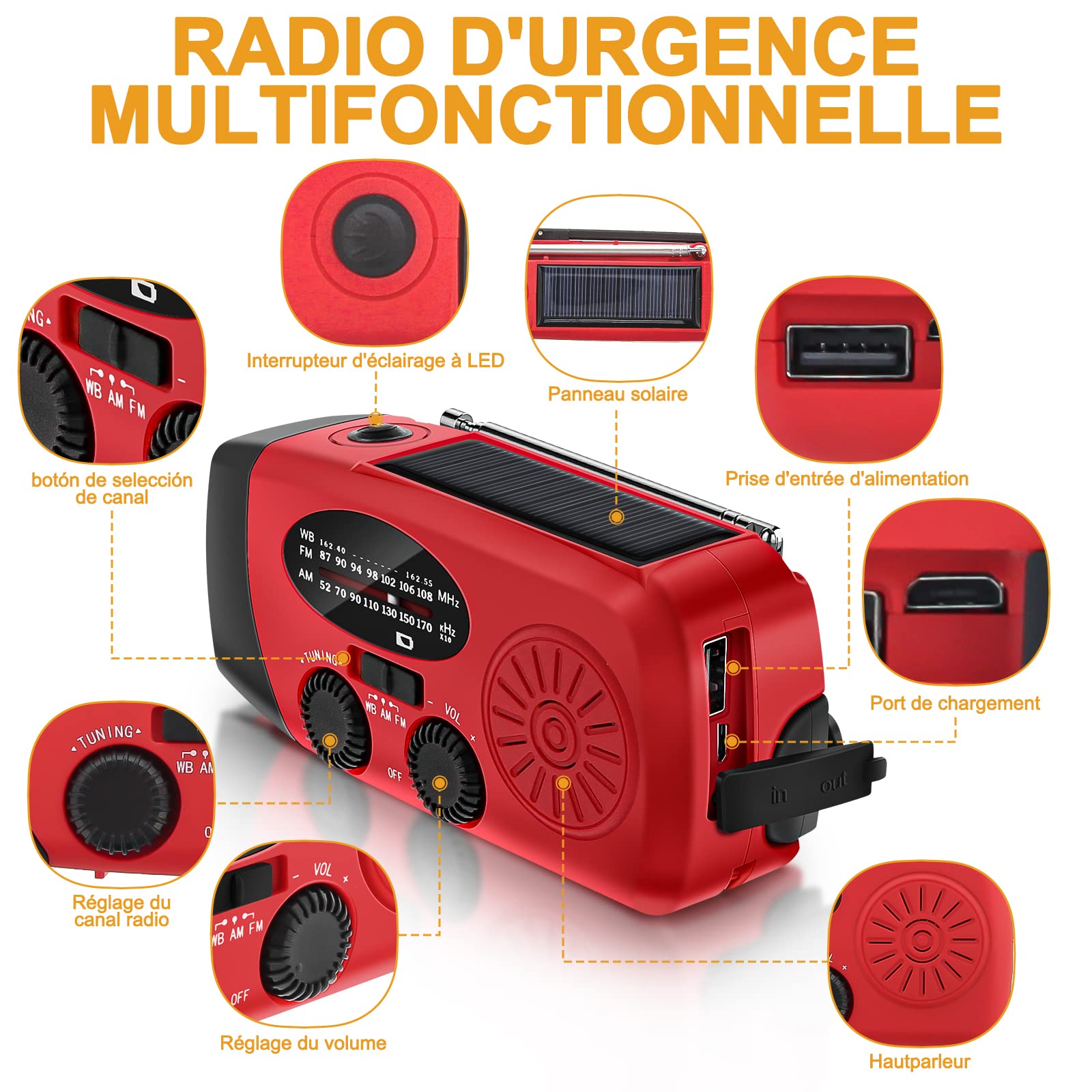 Radio Solaire Portable d'Urgence Météo 2000mAh Manivelle AM/FM/NOAA Dynamo IPX3 Charge Téléphone Lampe LED Alarme SOS Câble USB Randonnée Camping Rouge