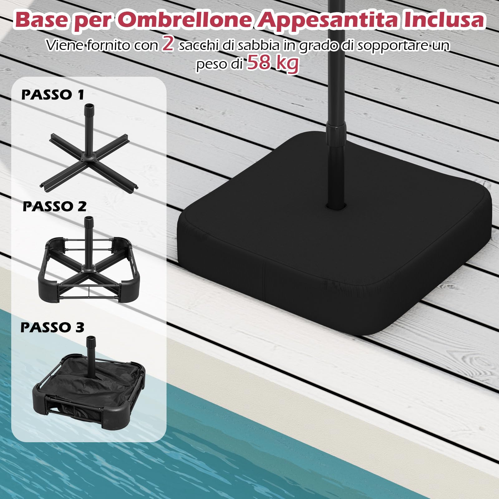 COSTWAY Ombrellone Doppio Rettangolare 443 x 263 cm con Sistema a Manovella, Base e 12 Costole, per Giardino e Cortile (Rosso)