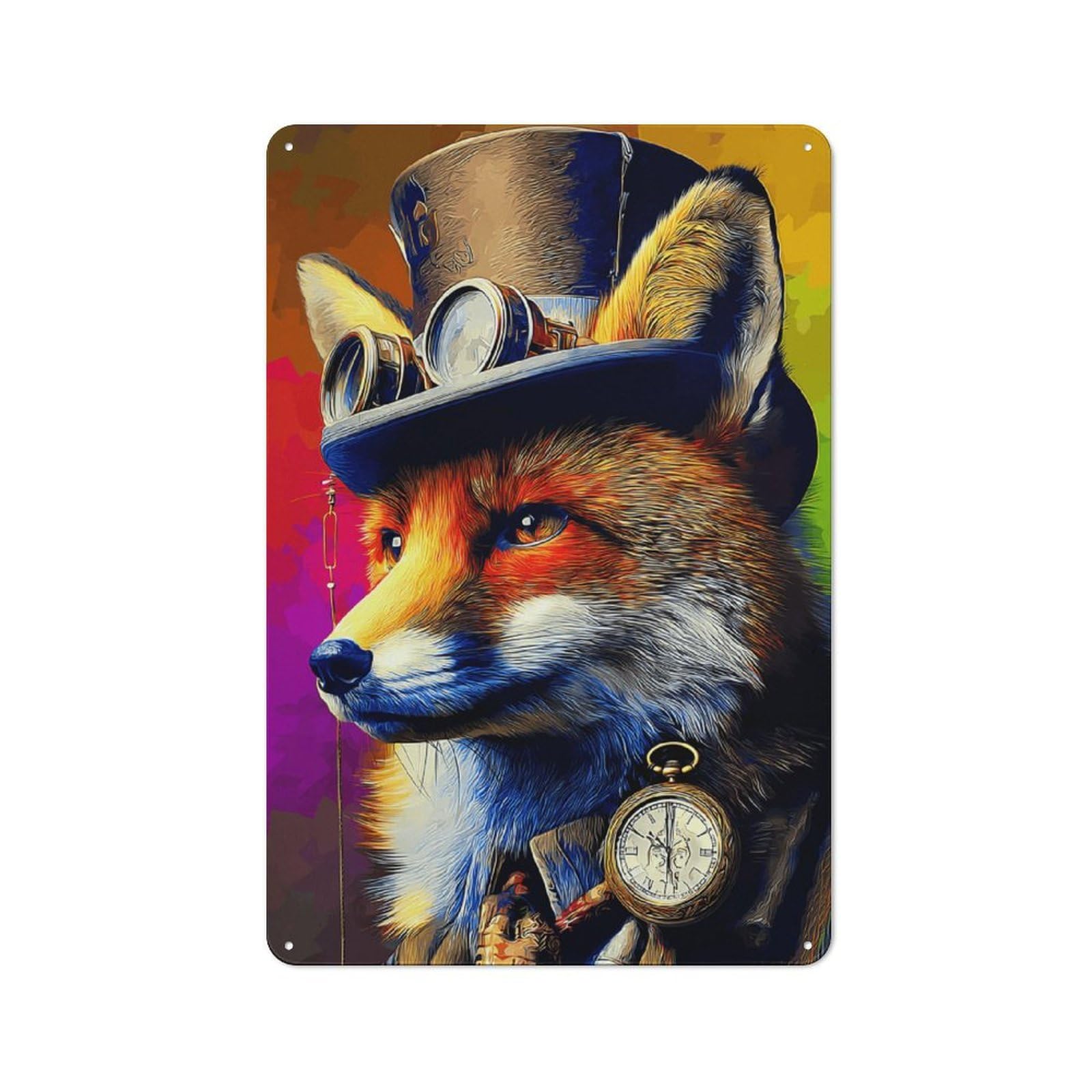 Junmoney Steampunk Fox Portrait-2 Tin Wall Plaque 30X20cm With For Garage Or Workshop, For Living Room, Hallway And Entrance Wall Decor
