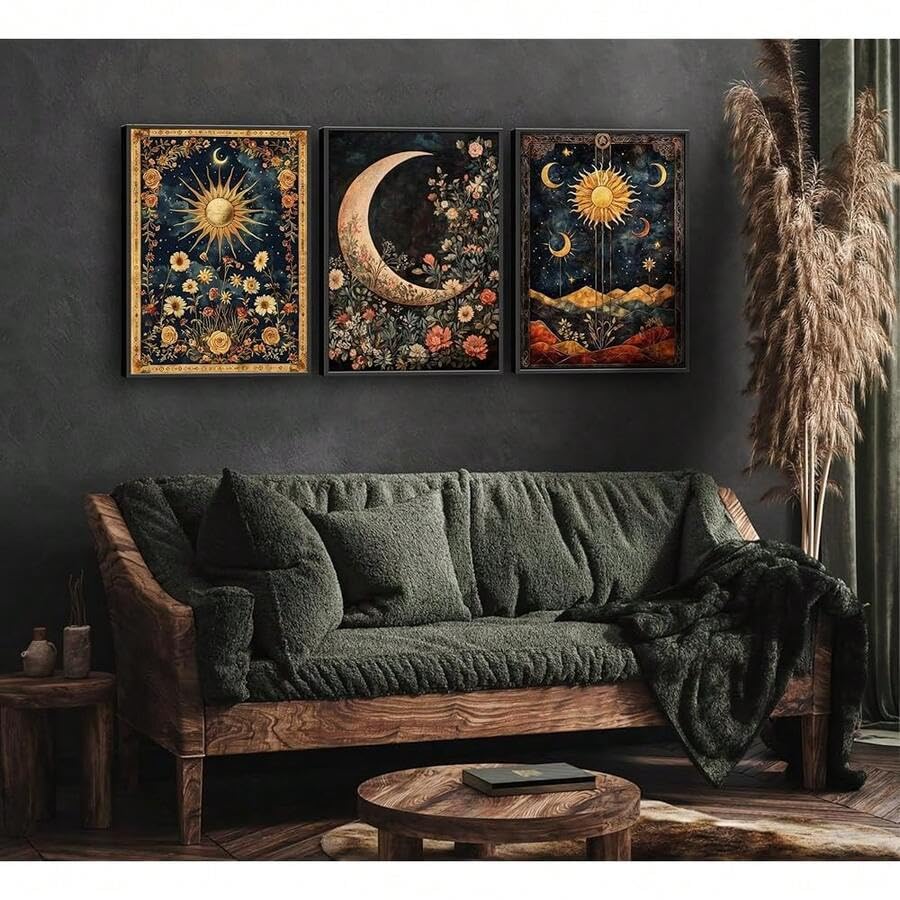 Décoration murale céleste Soleil et Lune vintage toile mystique 70x90cm
