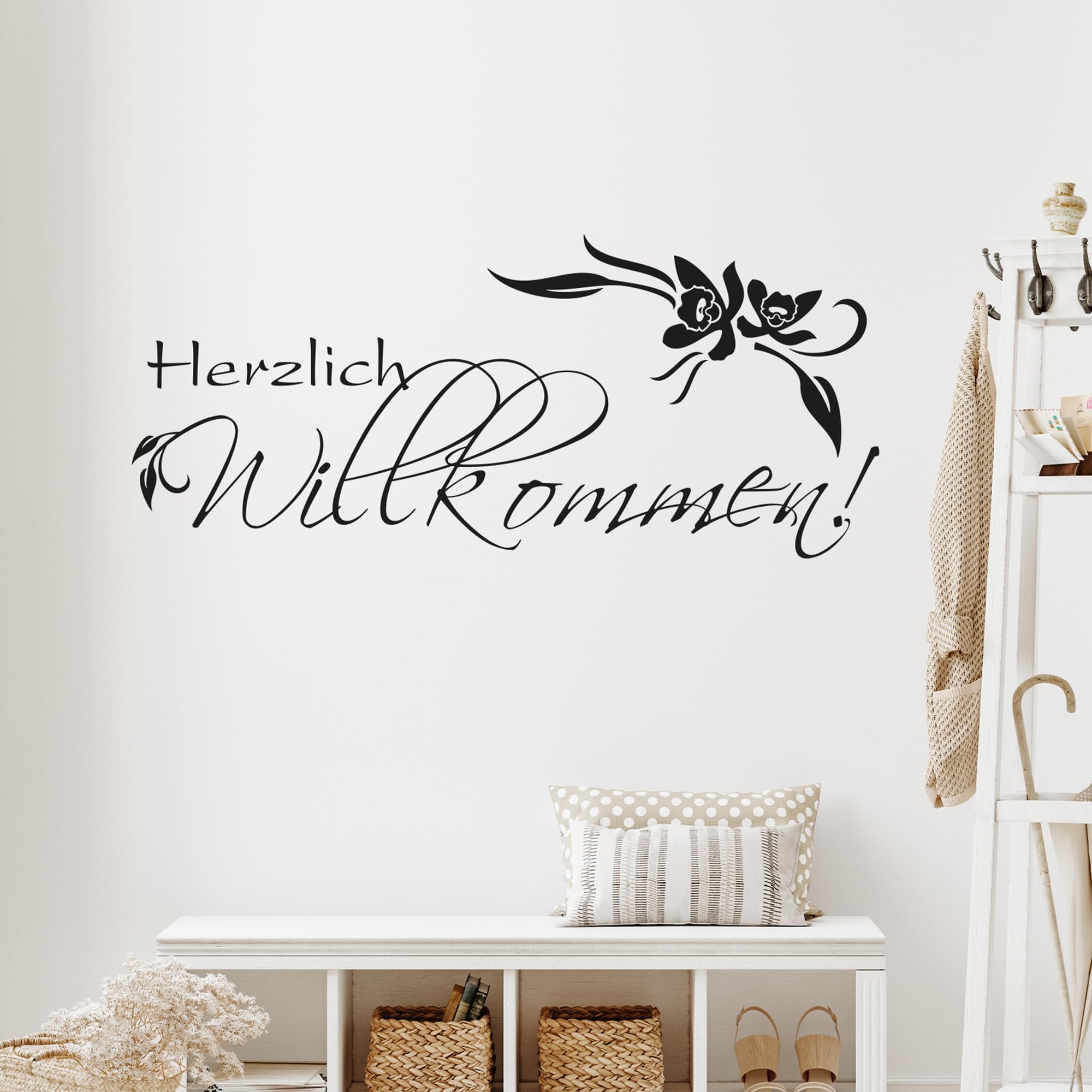 GRAZDesign Wandtattoo Flur Herzlich Willkommen, Wandsticker Flur und Diele, Eingang, Sprüche Wandsprüche, Sticker Aufkleber modern - 131x57cm / 070 schwarz