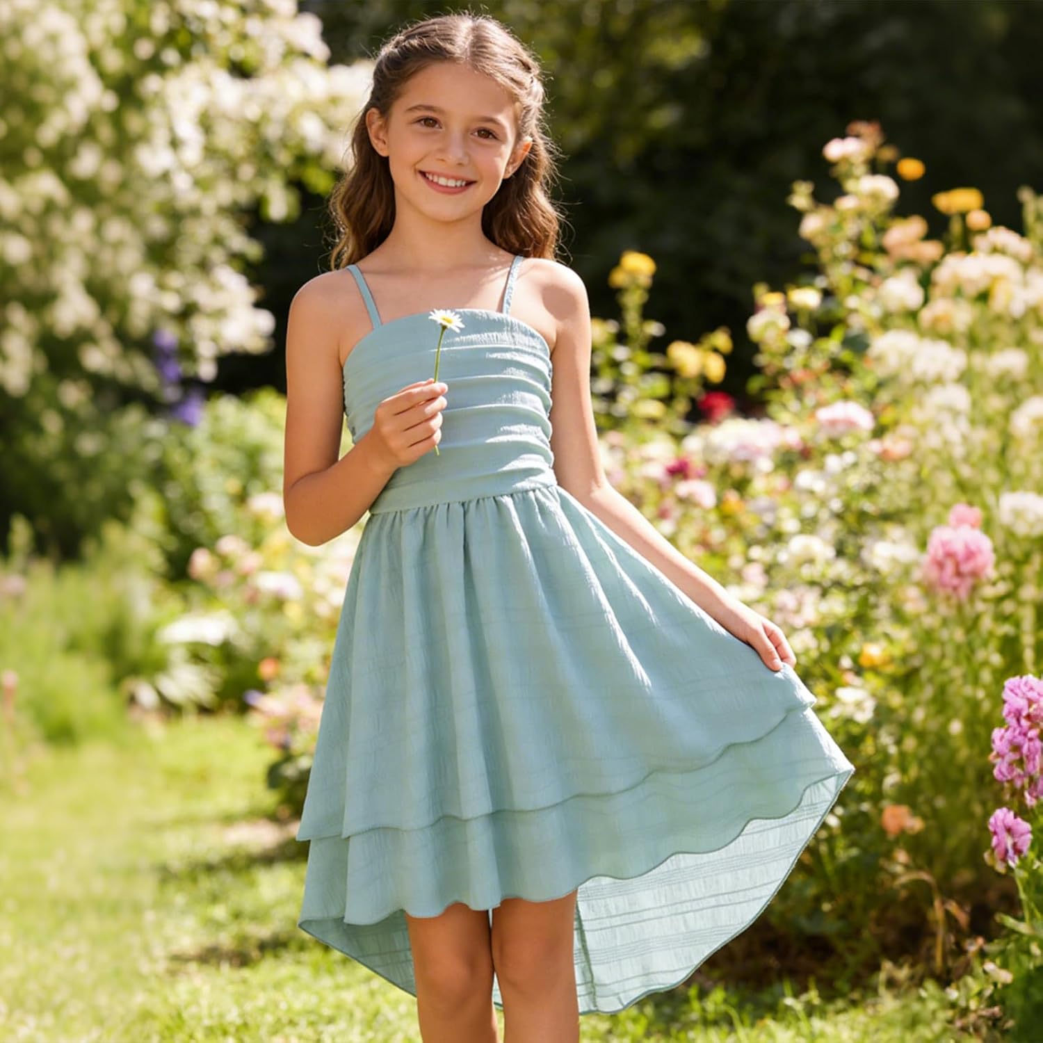 Girls Dresses Smocked Ruched Flowy Cami Dress High Low Layered Semi Formal Summer Dress 6-12Y - Image 3
