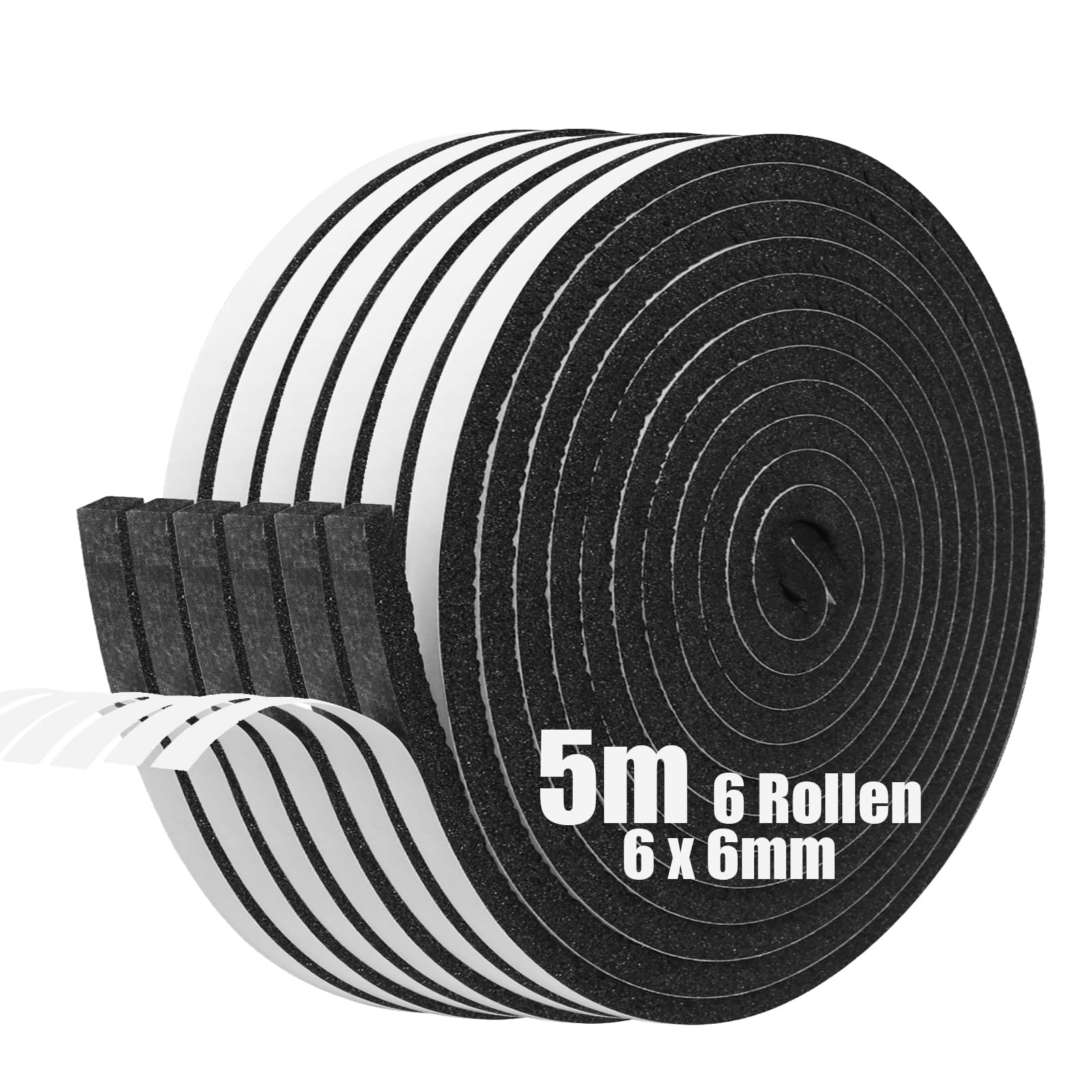 SDLDEER Foam Tape, Self Adhesive Foam Strip 6mm(W) X 6mm(T) X 5m(L) Weather Stripping Door Seal Strip, Draft Excluder for Windows Door, Anti-Collision, Weatherproof, Window Soundproofing(6 Rolls)