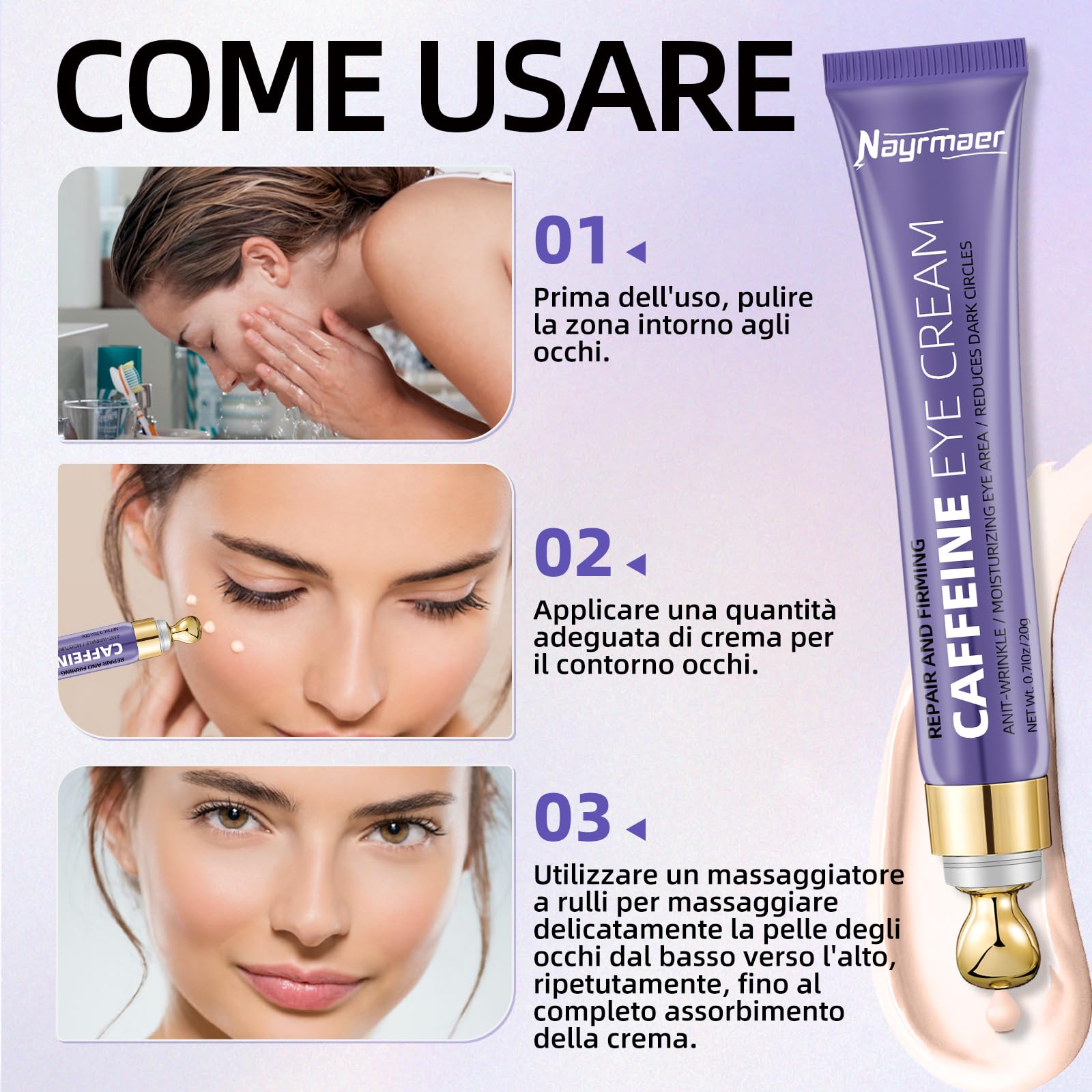Crema Contorno Occhi alla Caffeina 20g, Riduce le Occhiaie e il Gonfiore, Contiene Niacinamide e Acido Ialuronico, Idratante, Adatta a Tutti i Tipi di Pelle