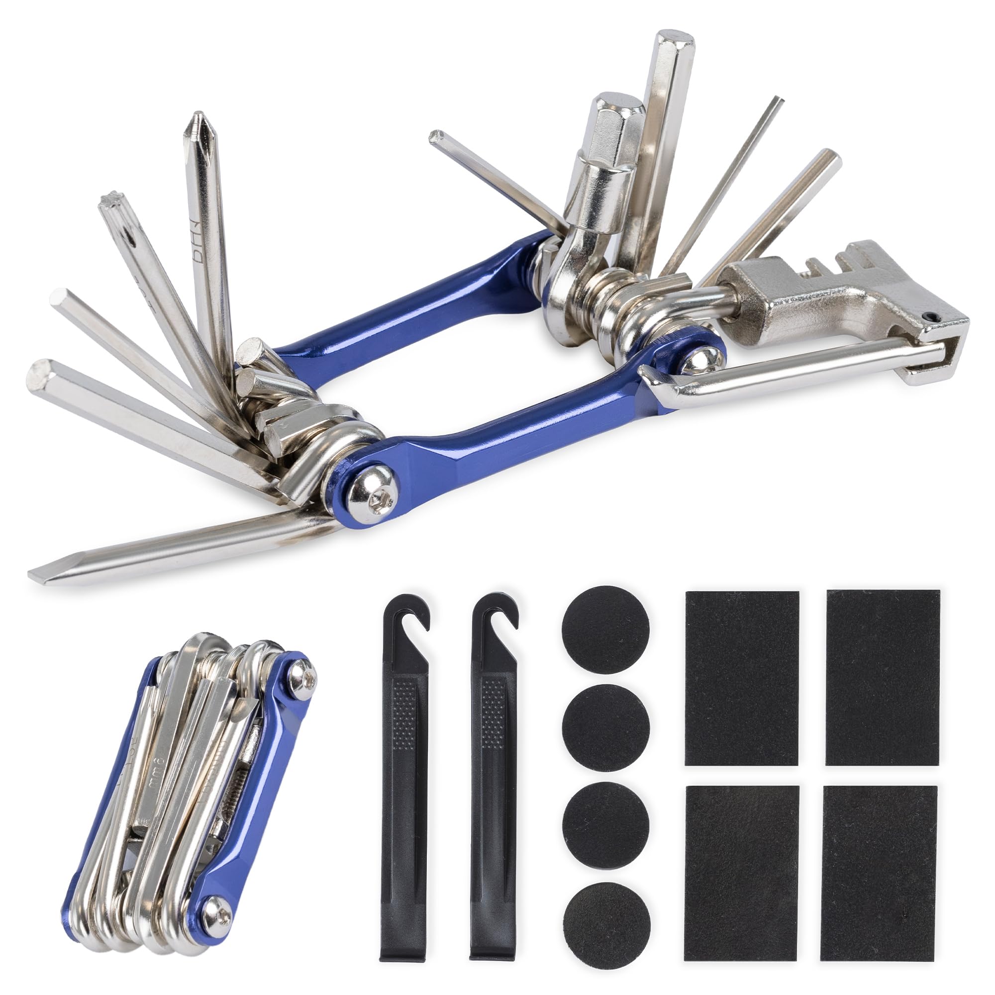 Hillington Blue Bike Tool Kit - All-In-One Compact Bike Repair Multi Tool Bike Repair Kit - Durable And Portable Bicycle Tool Kit Set With Folding Multitool, Tyre Levers And Puncture Maintenance
