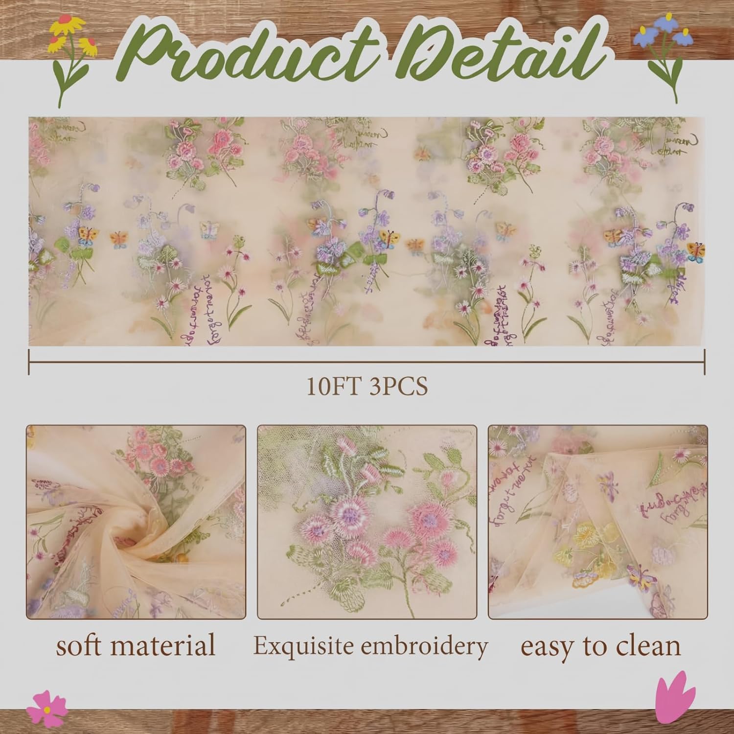 Champagne Floral Table Runner 10ft Embroidery Tulle Spring Wildflower Table Runner Seasonal Summer Butterfly Kitchen Dining Gauze Decoration for Wedding Baby Shower Birthday Party (3 Pcs)