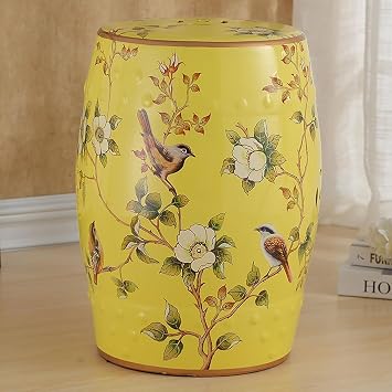 Decorative Ceramic Garden Stool - Outdoor Drum Ceramic Side Table, Flower Bird and Butterfly Style Indoor Plant Holder for Living Room, Patio, Balcony,Bird and flower A-Yellow