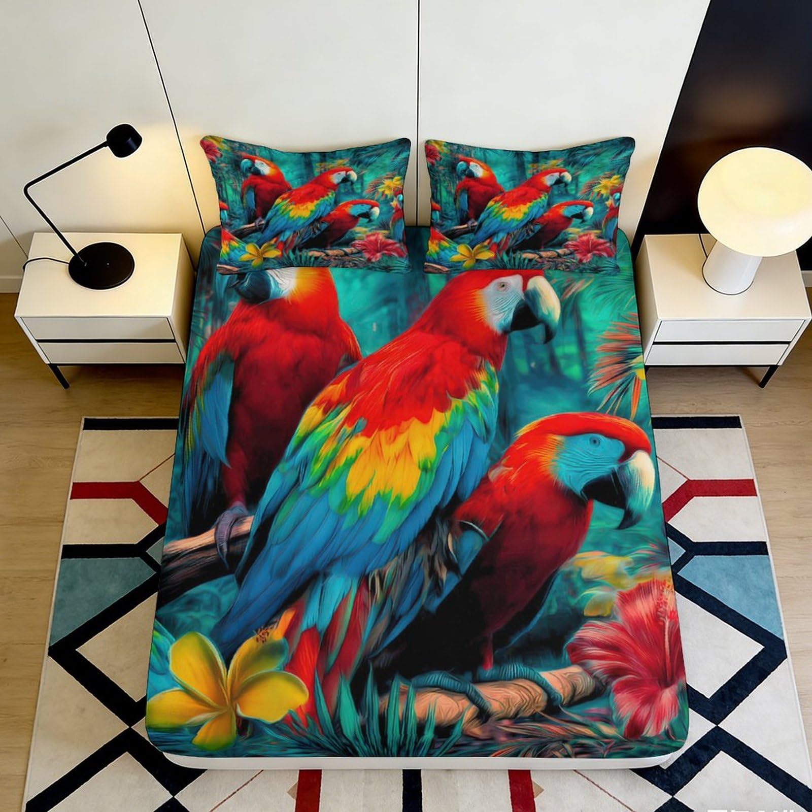 Pnayamiorkfel Style-7 3D Printed Tropical Parrot Fitted Sheet Microfiber Soft Vibrant Rainforest Mattress Cover Bedroom Decor 90X200x25cm