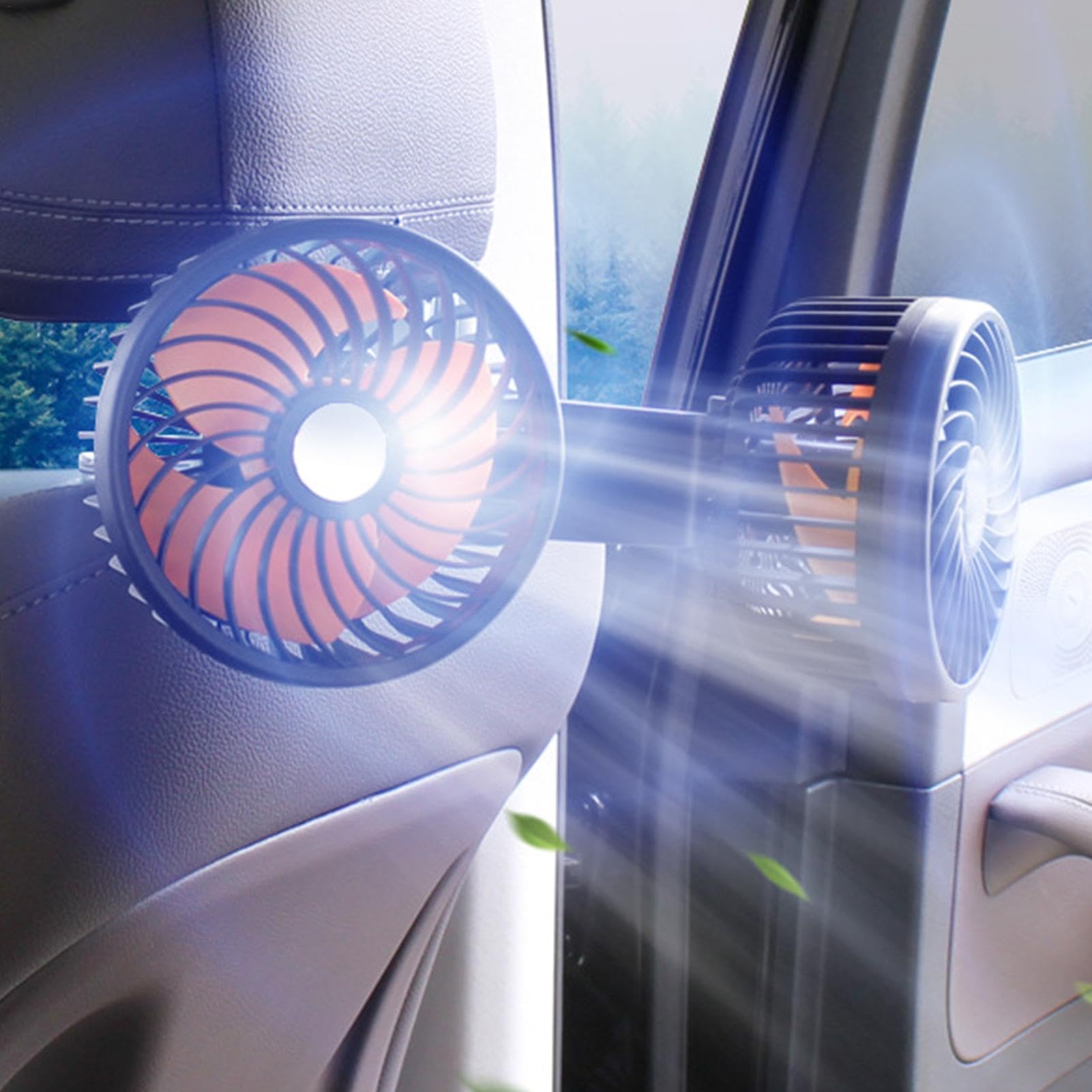 Ventilador de coche USB,Ventiladores de asiento de coche | Ventilador de coche con carga USB giratorio de 12 V y cabezal doble | Suministros de refrigeración, fácil instalación, ventilador de funciona