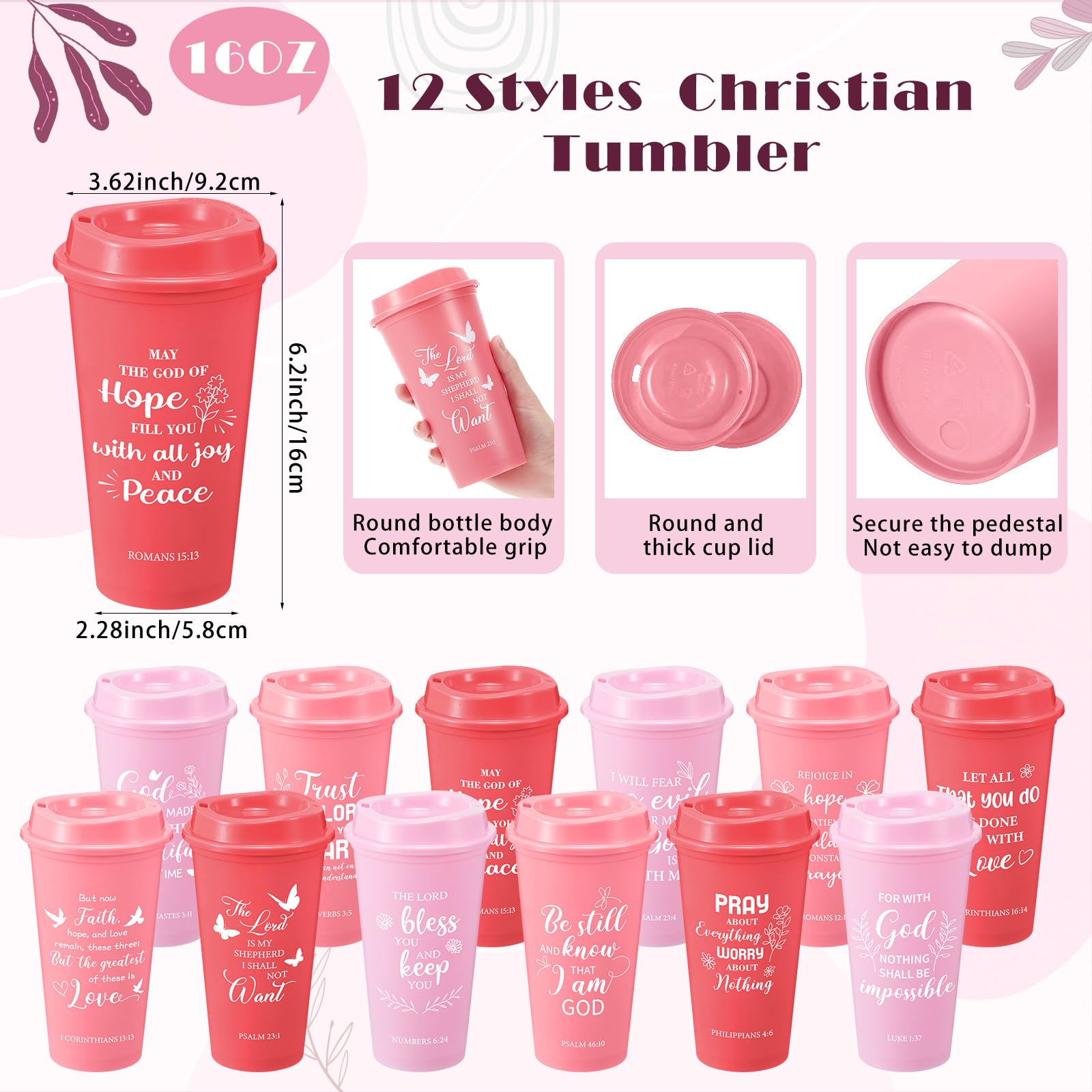 Skylety Set di 12 tazze da caffè da 48 pezzi, regalo cristiano, bibbia, religioso, con blocco note cristiano, penna portachiavi, per donne, personale, squadra, amici (sfumato rosa)