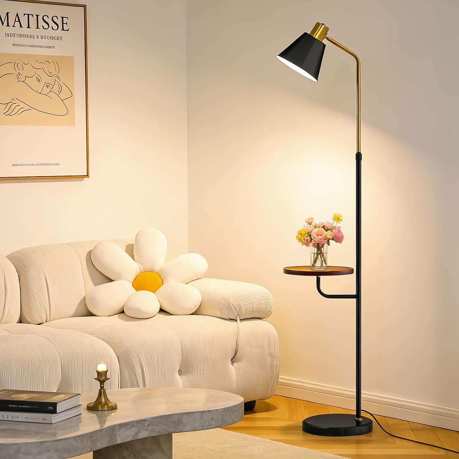 Black Floor Lamp with Walnut Side Table for Living Room Bedroom, Modern Standing Lamp 12W LED 3-Color Dimmable 3000K/4500K/6500K, Adjustable Reading Light with Shelf for Home Office Corner end