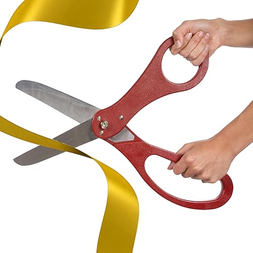 Miniatura 10 de Kit de ceremonia de gran apertura tijeras rojas gigantes de 25 pulgadas con cintas de satén rojas y doradas, kit de ceremonia de corte de cinta de