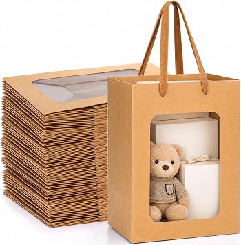 ZENFUN 30 Packs Brown Gift Bags with Handles Valentines, Kraft Shopping Bags with Transparent Window, 9.8 x 7.1 x 5.1 inch Paper Gift Bags for for Thanksgiving Christmas Birthday Wedding