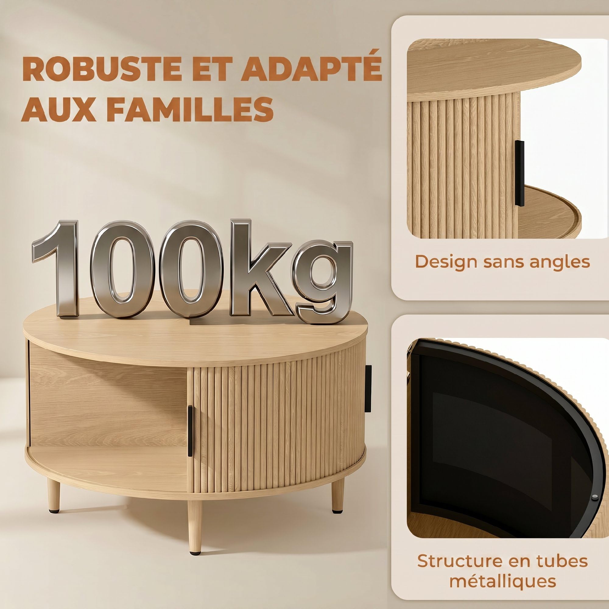 HOMCOM Tavolino rotondo contenitore, 80 cm centro moderno, Naturale