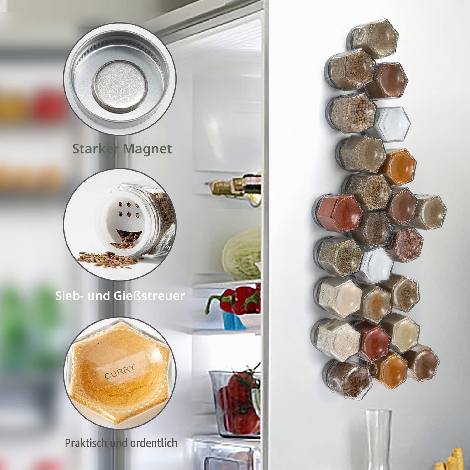 Homazing Set mit 24 magnetischen Gewürzgläsern für Kühlschrank, sechseckige Glas-Magnetgewürzgläser mit Shaker-Deckel und Etiketten für Küche, Wohnmobil und Reiseanhänger