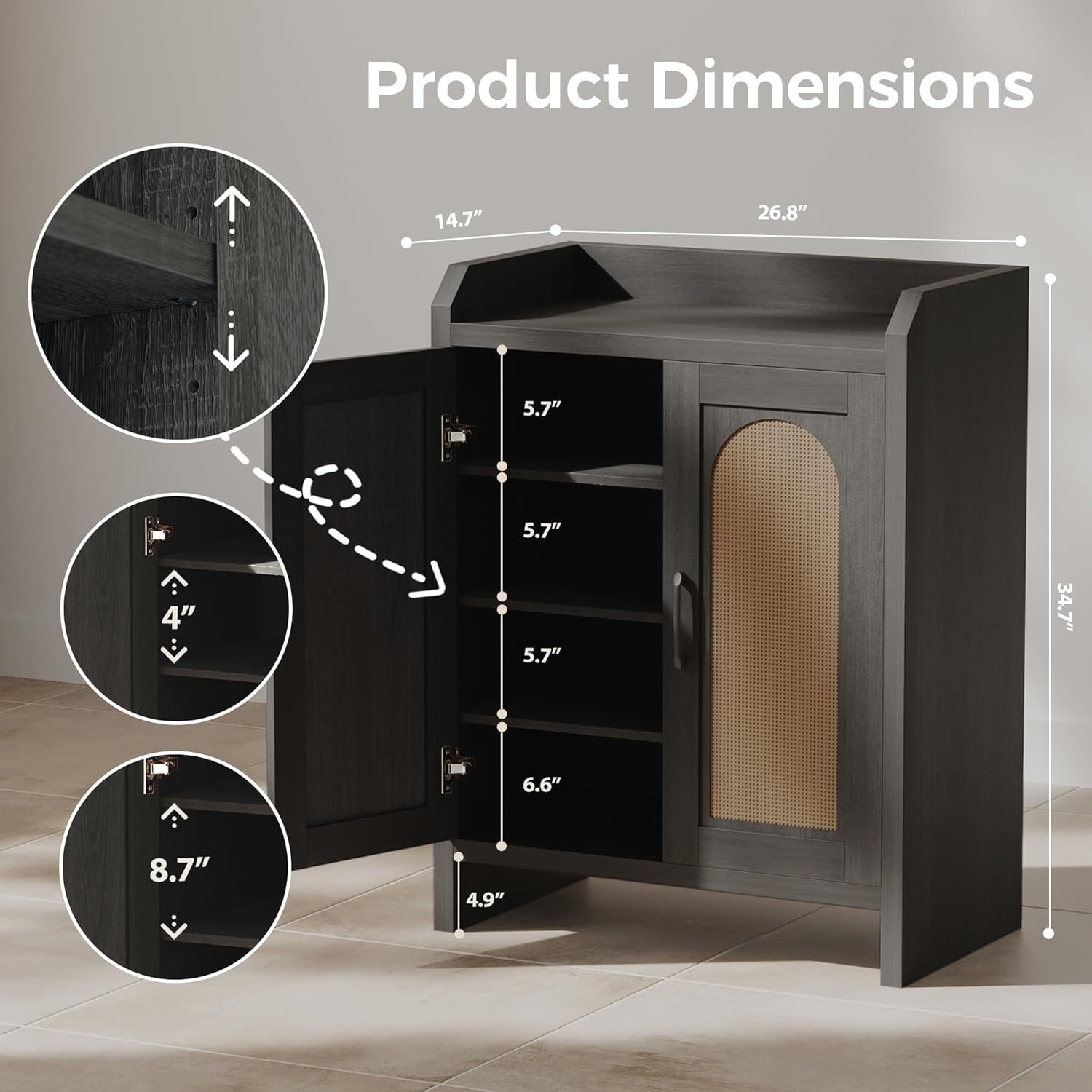 Mericonia Shoe Cabinet Storage for Entryway, Natural Rattan Shoes Cupboard, Wooden Shoe Rack with Doors and Shelves, Farmhouse Boho Wood Shoe Organizer Cabinet for Hallway Black