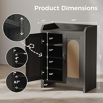 Mericonia Shoe Cabinet Storage for Entryway, Natural Rattan Shoes Cupboard, Wooden Shoe Rack with Doors and Shelves, Farmhouse Boho Wood Shoe Organizer Cabinet for Hallway Black