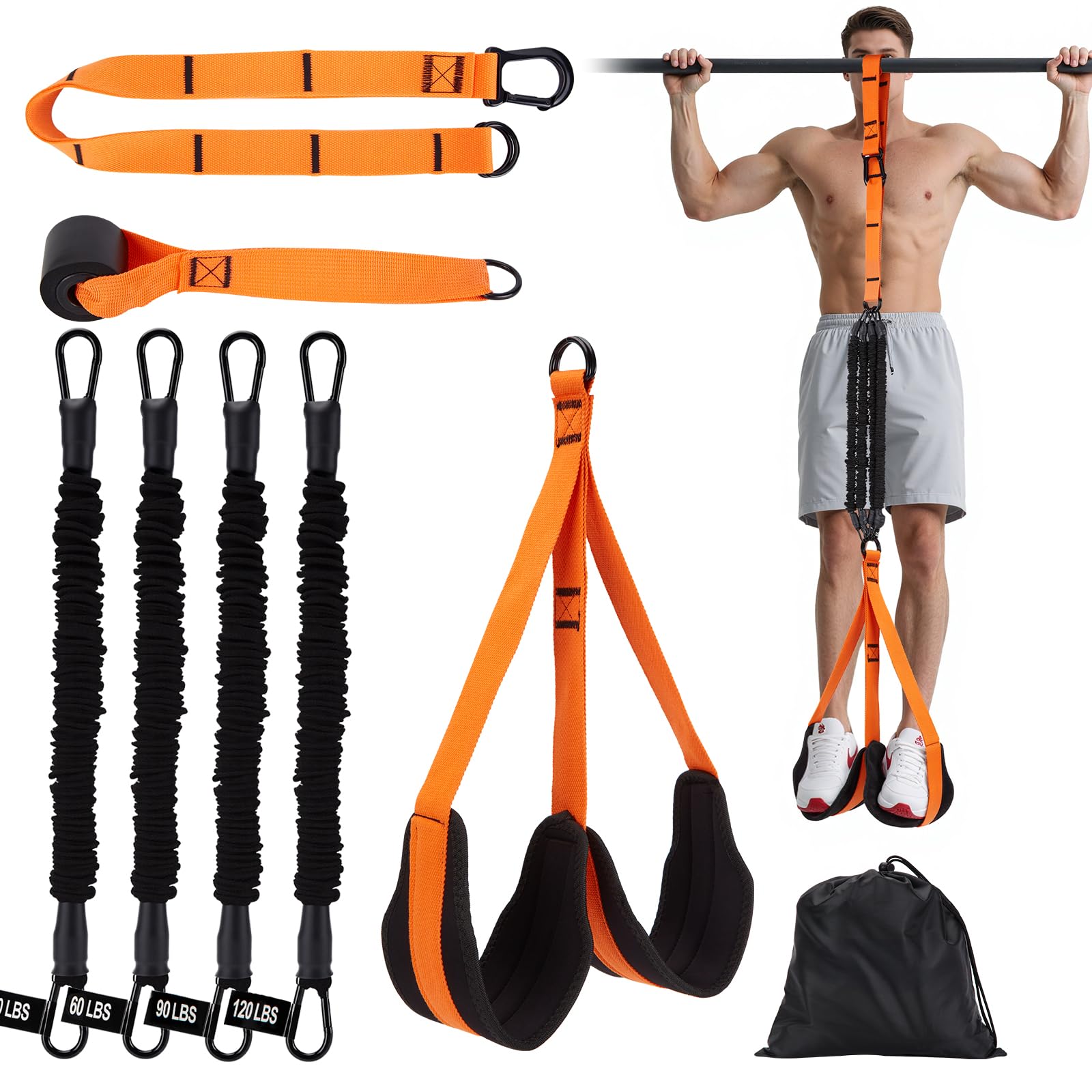 WELSPO Fasce di assistenza per la palestra domestica con manico, ancoraggio alla porta, 4 livelli di resistenza (13,6 kg/27,2 kg/40,8 kg/54,4 kg) set di fasce di resistenza regolabili per trazioni