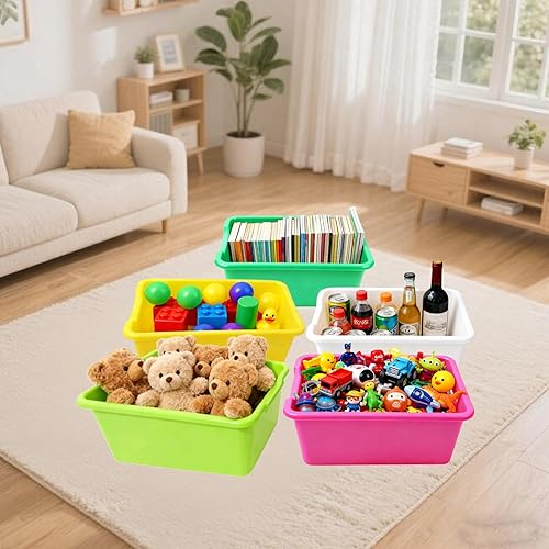 Miniatura 4 de Paquete de 5 cubos de plástico, apilables con etiqueta adhesiva, organizador de libros de juguetes, para aula, biblioteca, sala de juegos,