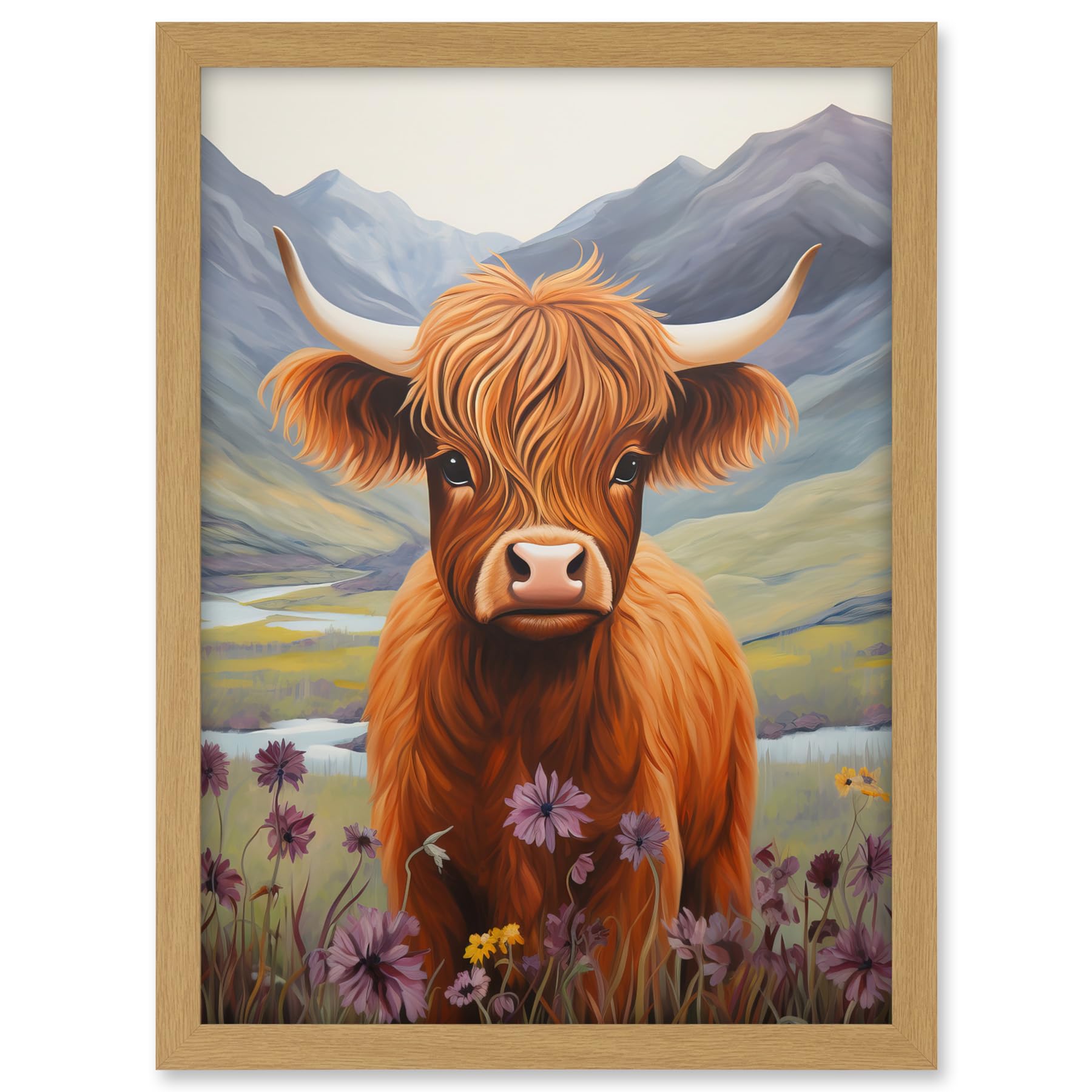 Artery8 Kids Bedroom Nursery Artwork Highland Calf Cow in Heather and Cornflower Glen Scotland Artwork Framed A3 Wall Art Print