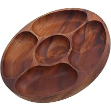 STOBAZA Divided Serving Tray with 5 Sections and Easy Maintenance Versatile Use Acacia Wood Round 5 Sections, Elegant Brown Wood Platter for Snacks and Appetizers for Parties and Entertaining