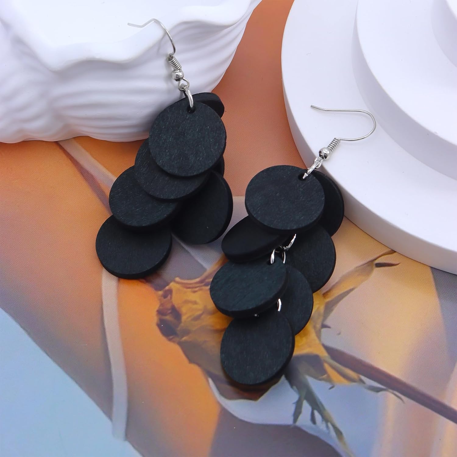 Boho Handmade Round Wooden Dangle Earrings for Women Vinatge Multiple Disc Geometric Long Tassel Earrings Lightweight African Earring Vacation Jewelry - Image 4